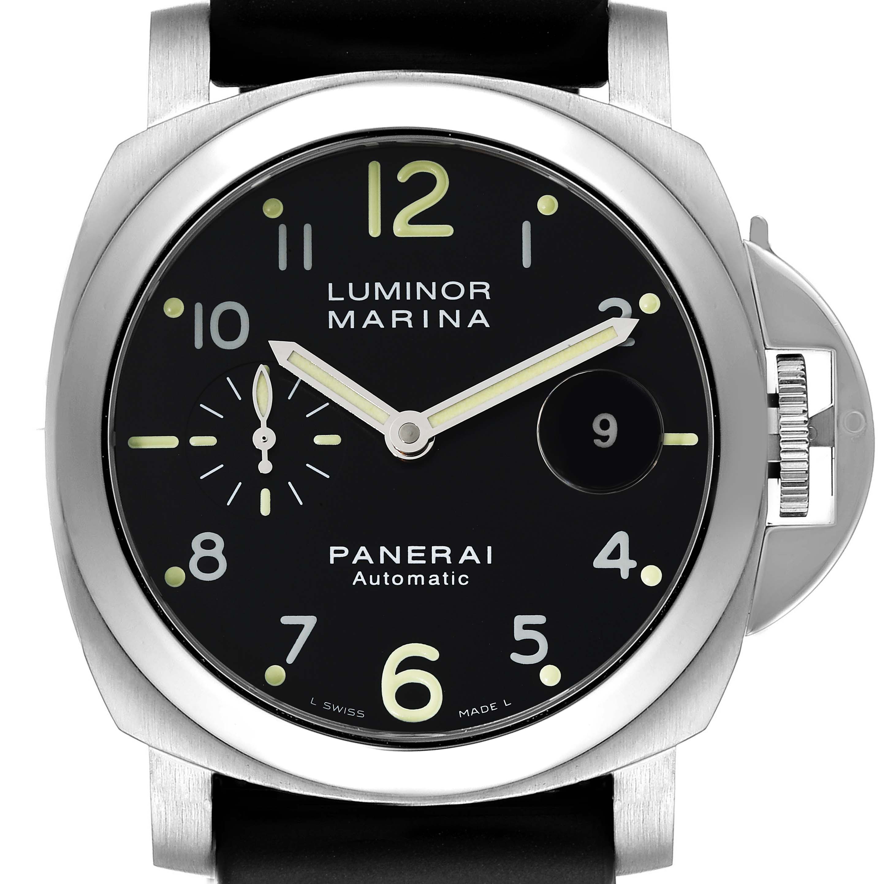 The image shows a front view of a Panerai Luminor PAM00164 Men
s Stainless Steel Black Dial PAM00164 Men
s Stainless Steel Black Dial Marina model watch, highlighting its face, crown guard, and strap.