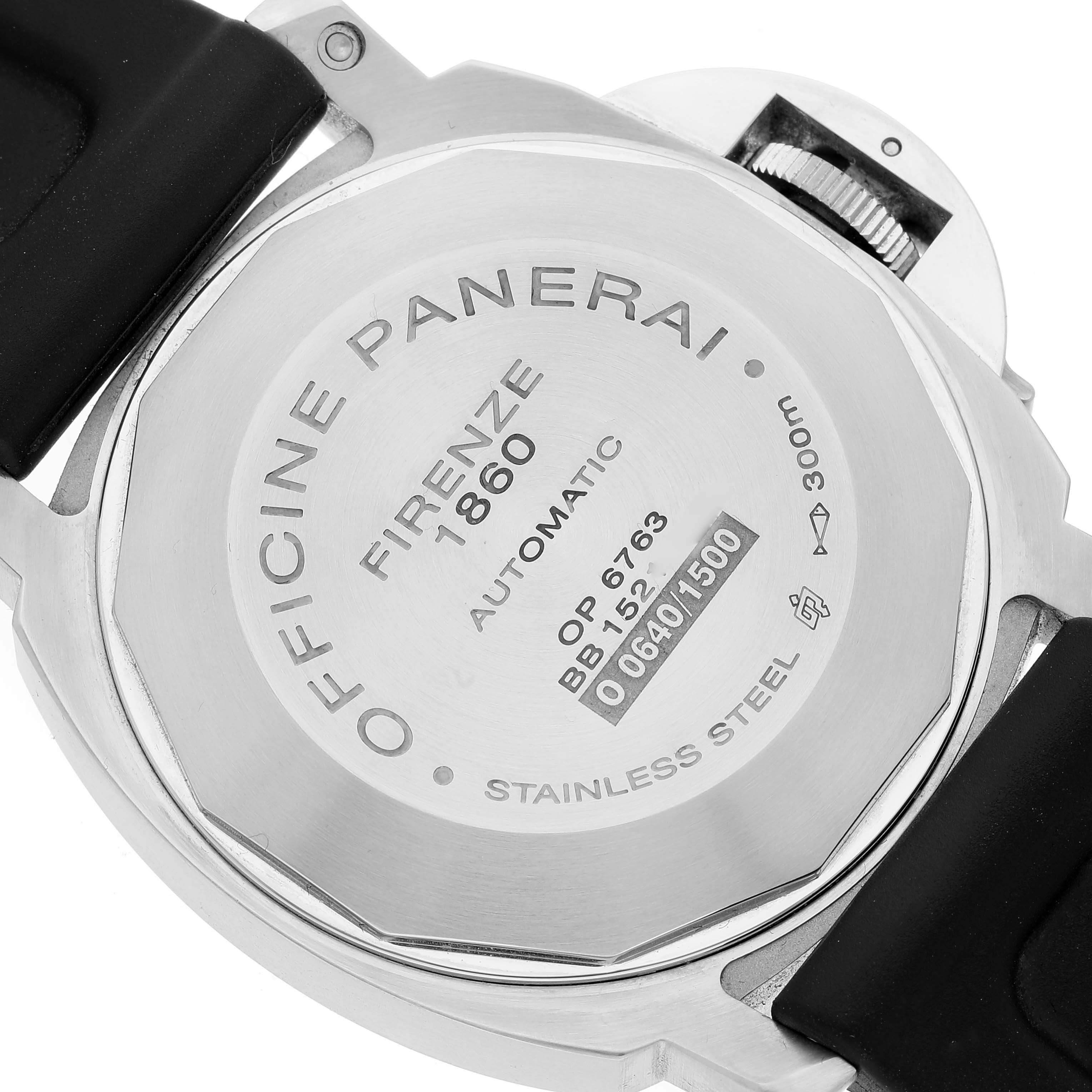 This image shows the stainless steel back case of a Panerai Luminor PAM00164 Men
s Stainless Steel Black Dial PAM00164 Men
s Stainless Steel Black Dial watch, including the case markings and strap attachment.
