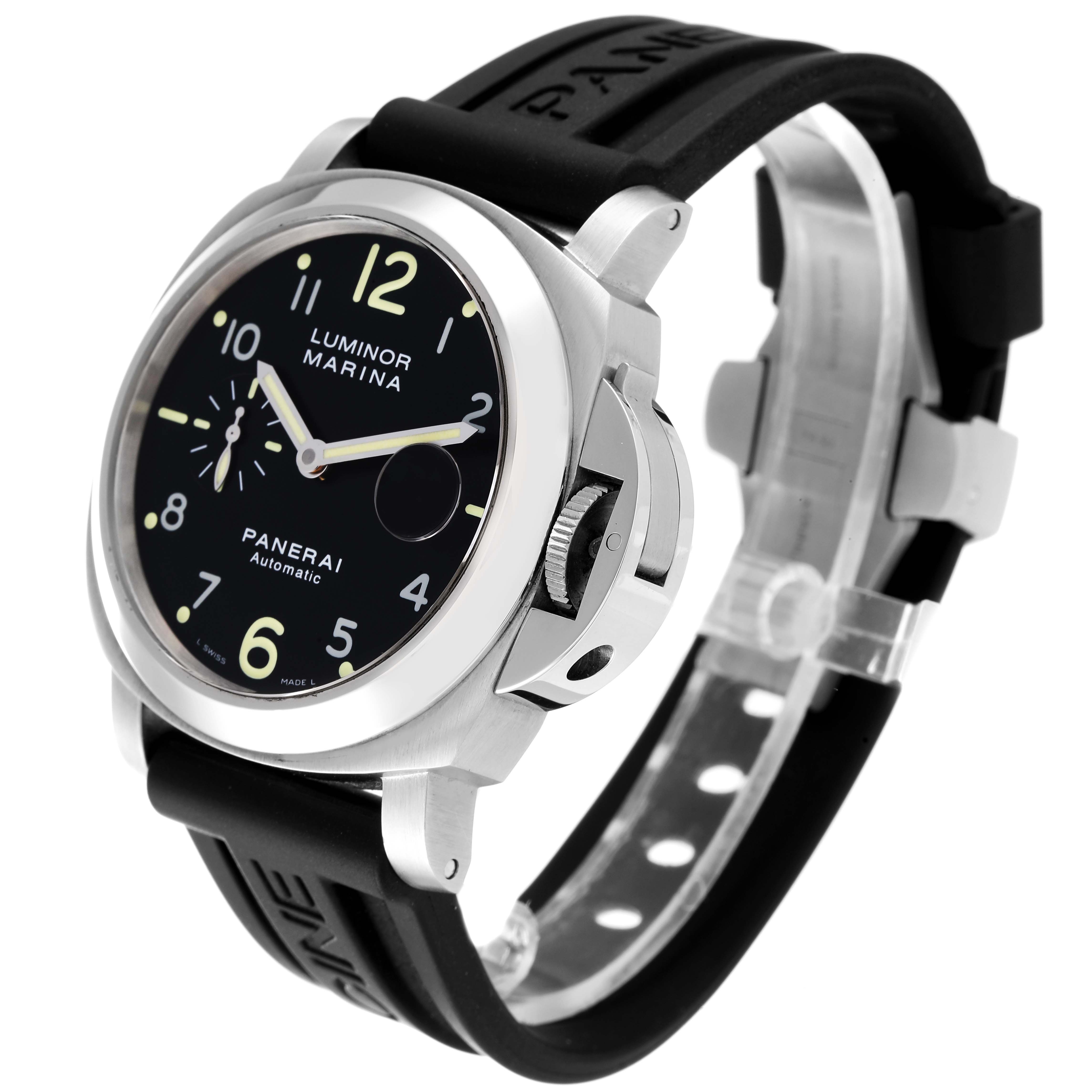 The image shows a Panerai Luminor PAM00164 Men
s Stainless Steel Black Dial PAM00164 Men
s Stainless Steel Black Dial Marina watch at a three-quarter angle, highlighting its black dial, case, and rubber strap.