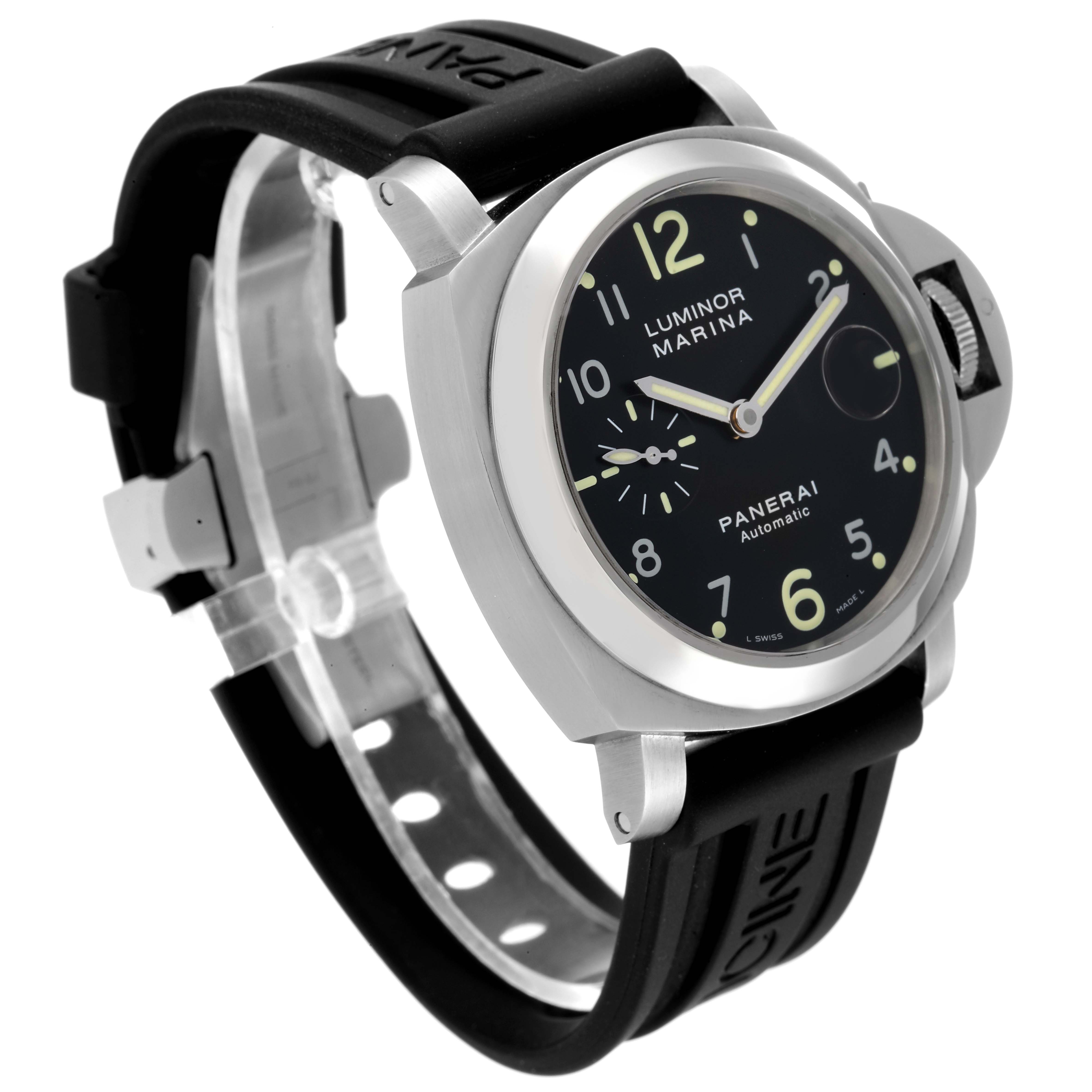 The Panerai Luminor PAM00164 Men
s Stainless Steel Black Dial PAM00164 Men
s Stainless Steel Black Dial watch is shown at a slight angle, displaying its face, side, and black strap.