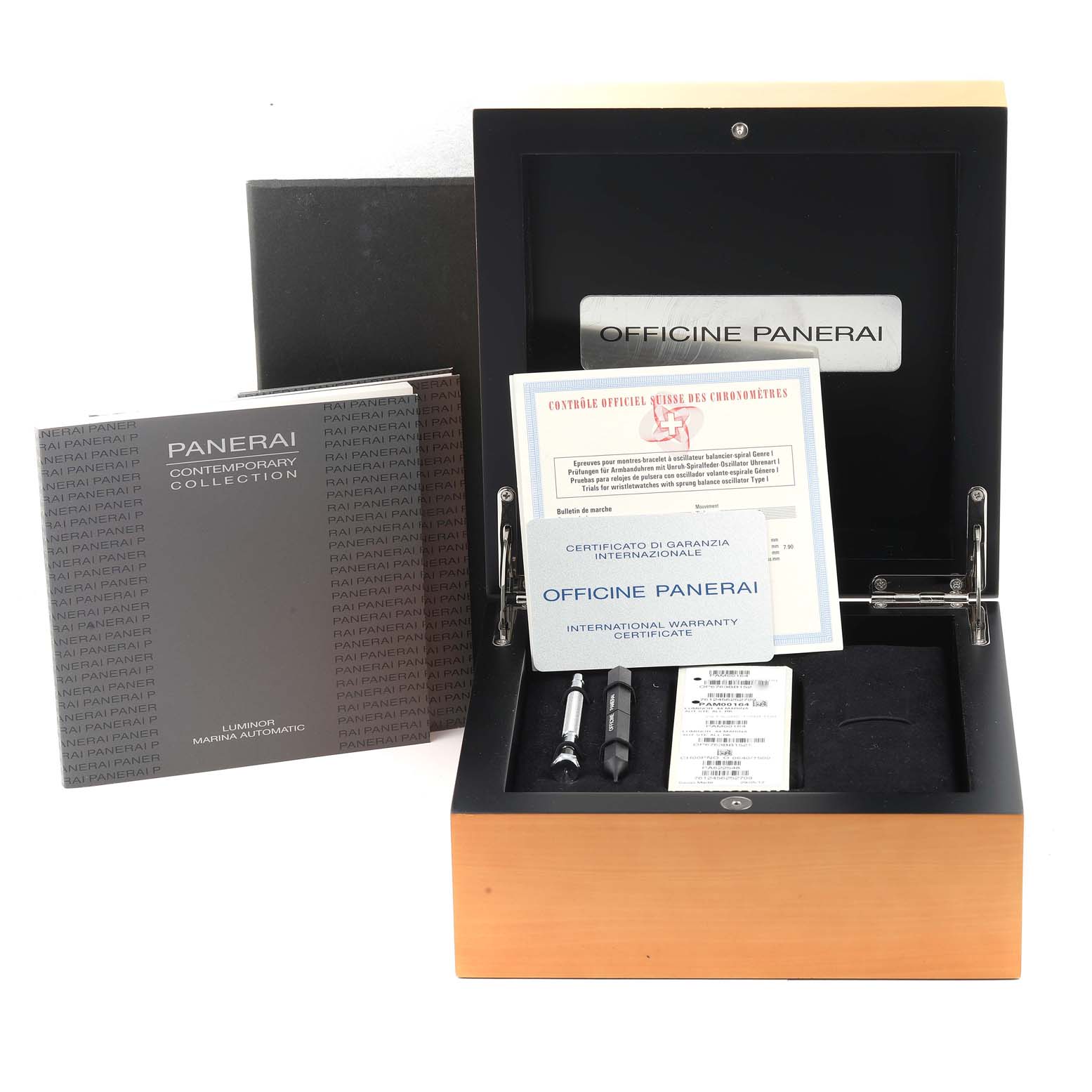 The image shows the packaging, warranty card, tools, and manual for a Panerai Luminor PAM00164 Men
s Stainless Steel Black Dial PAM00164 Men
s Stainless Steel Black Dial watch.
