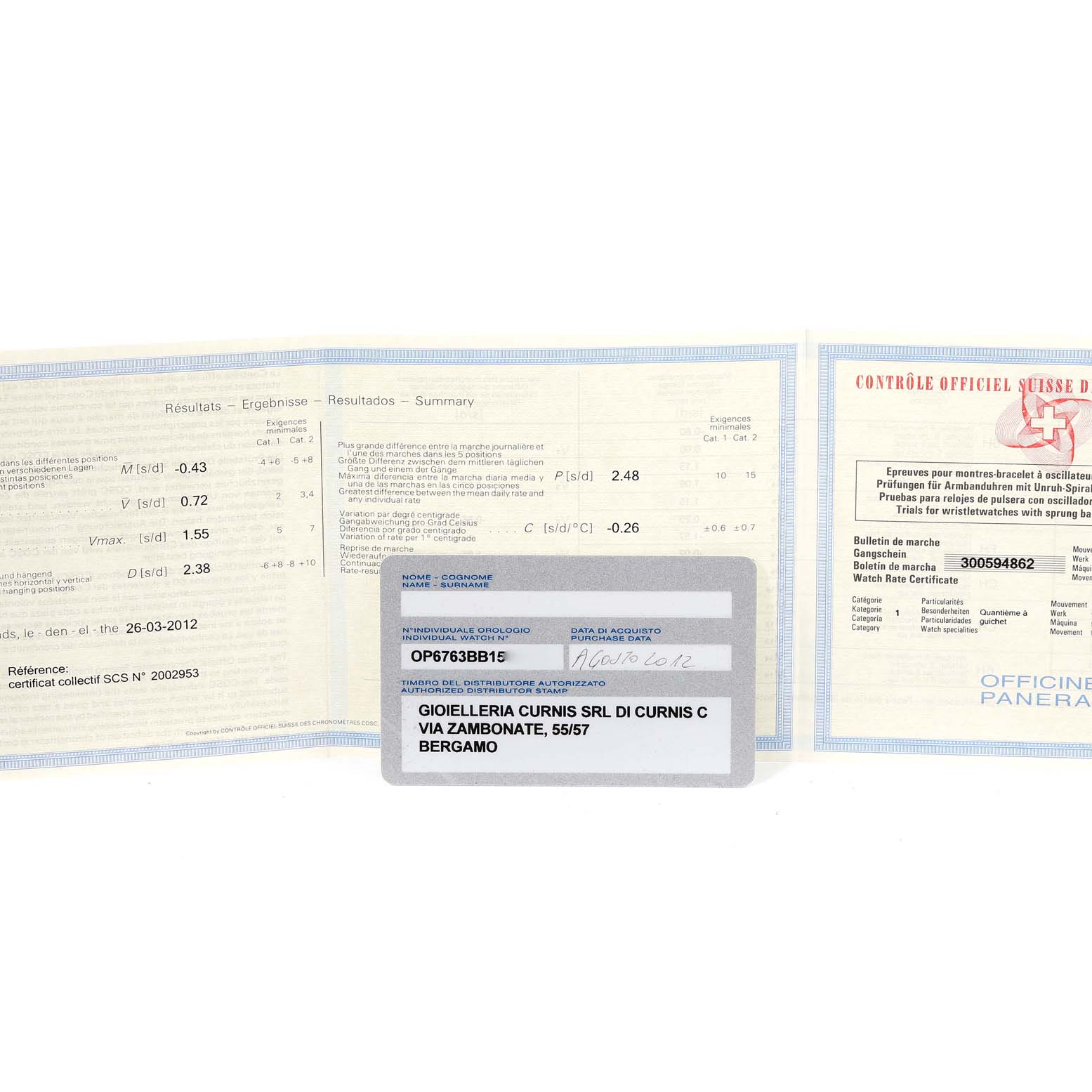 The image shows the certificates and documentation for a Panerai Luminor PAM00164 Men
s Stainless Steel Black Dial PAM00164 Men
s Stainless Steel Black Dial watch, including an official warranty card.