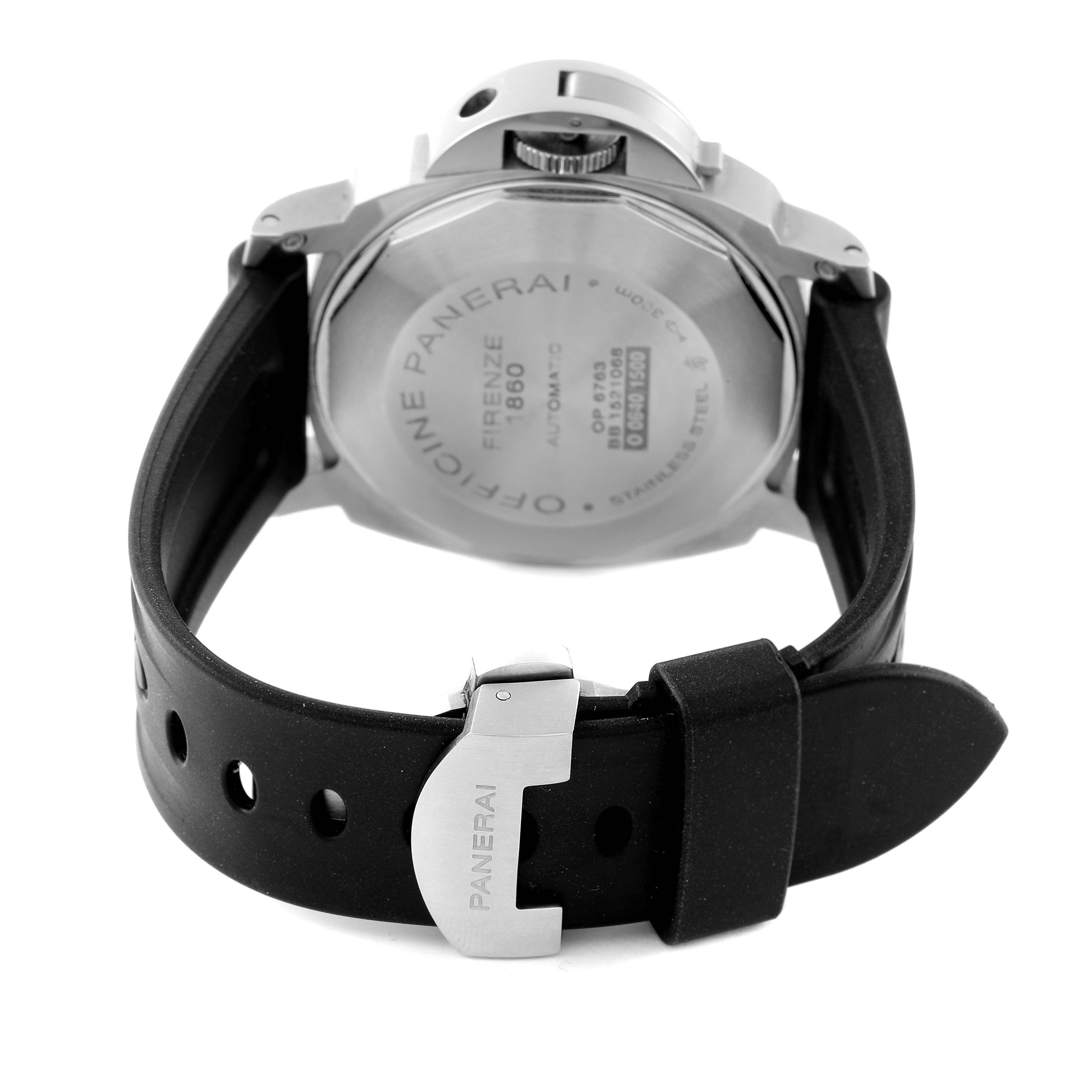 This image shows the back view of the Panerai Luminor PAM00164 Men
s Stainless Steel Black Dial PAM00164 Men
s Stainless Steel Black Dial watch, highlighting the case back and black rubber strap with a branded buckle.