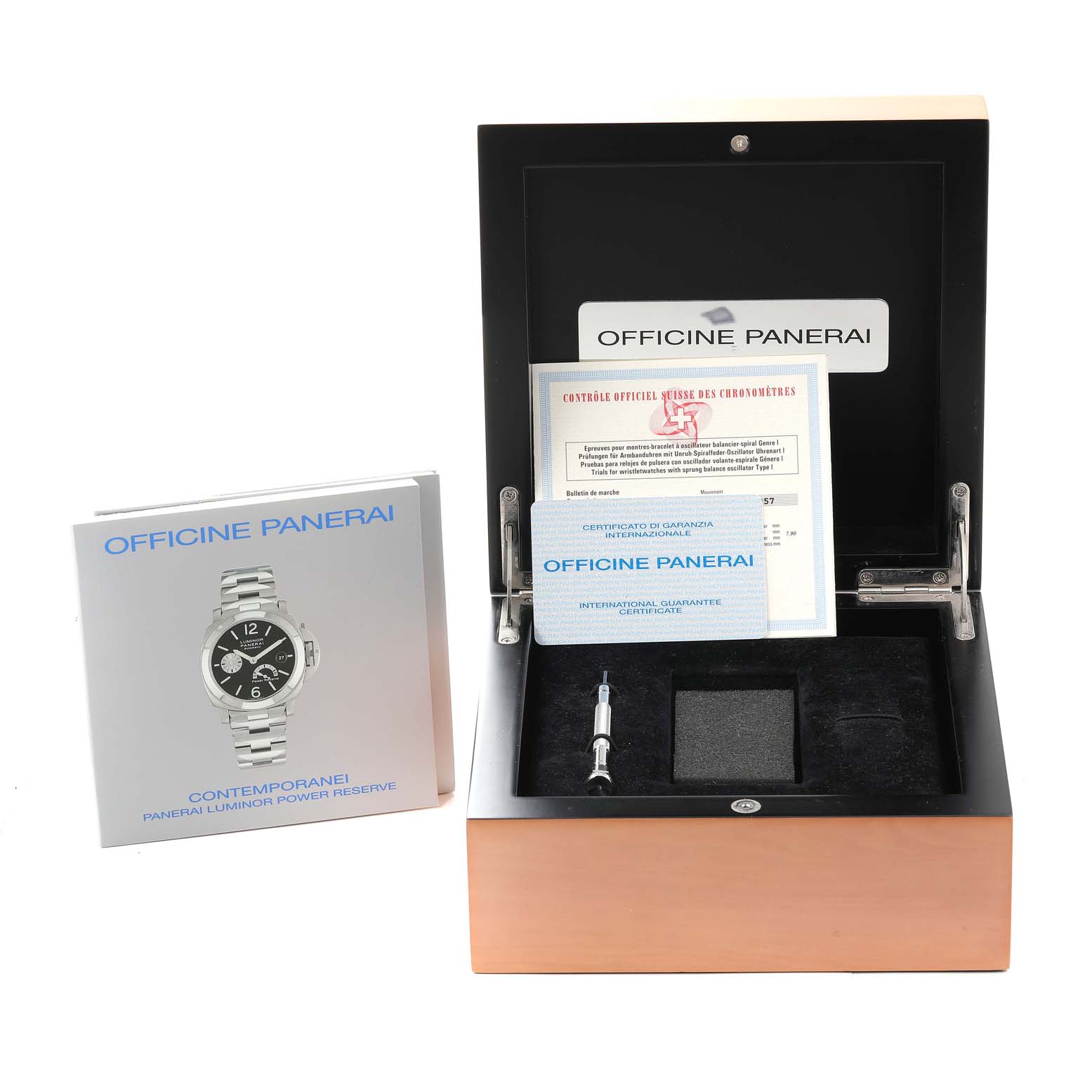 The image shows the Panerai Luminor PAM00090 Men's Stainless Steel Black Dial PAM00090 Men's Stainless Steel Black Dial watch box, certification documents, and a tool from a front angle.