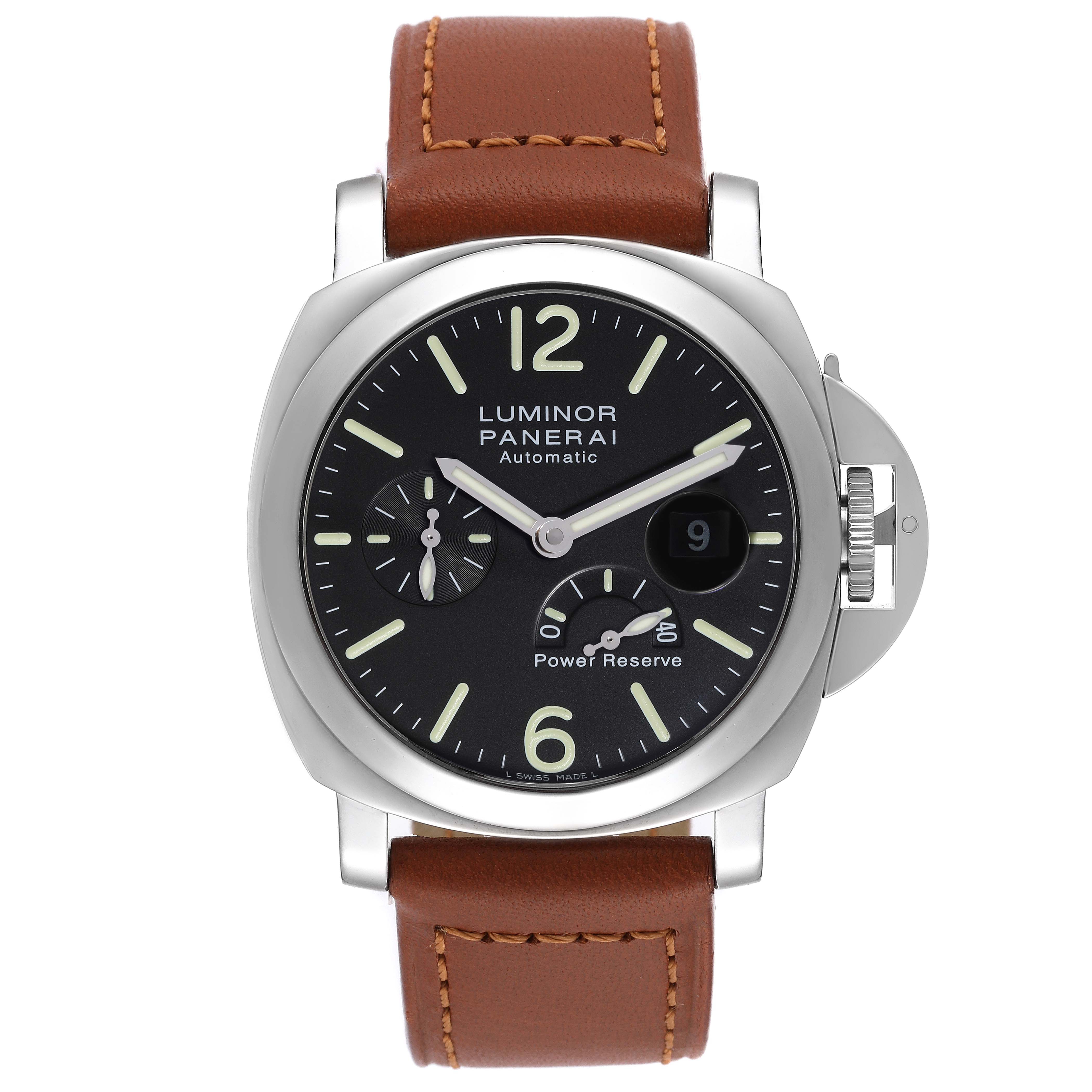 This image shows a front view of a Panerai Luminor PAM00090 Men's Stainless Steel Black Dial PAM00090 Men's Stainless Steel Black Dial watch, displaying its dial, crown guard, and brown leather strap.