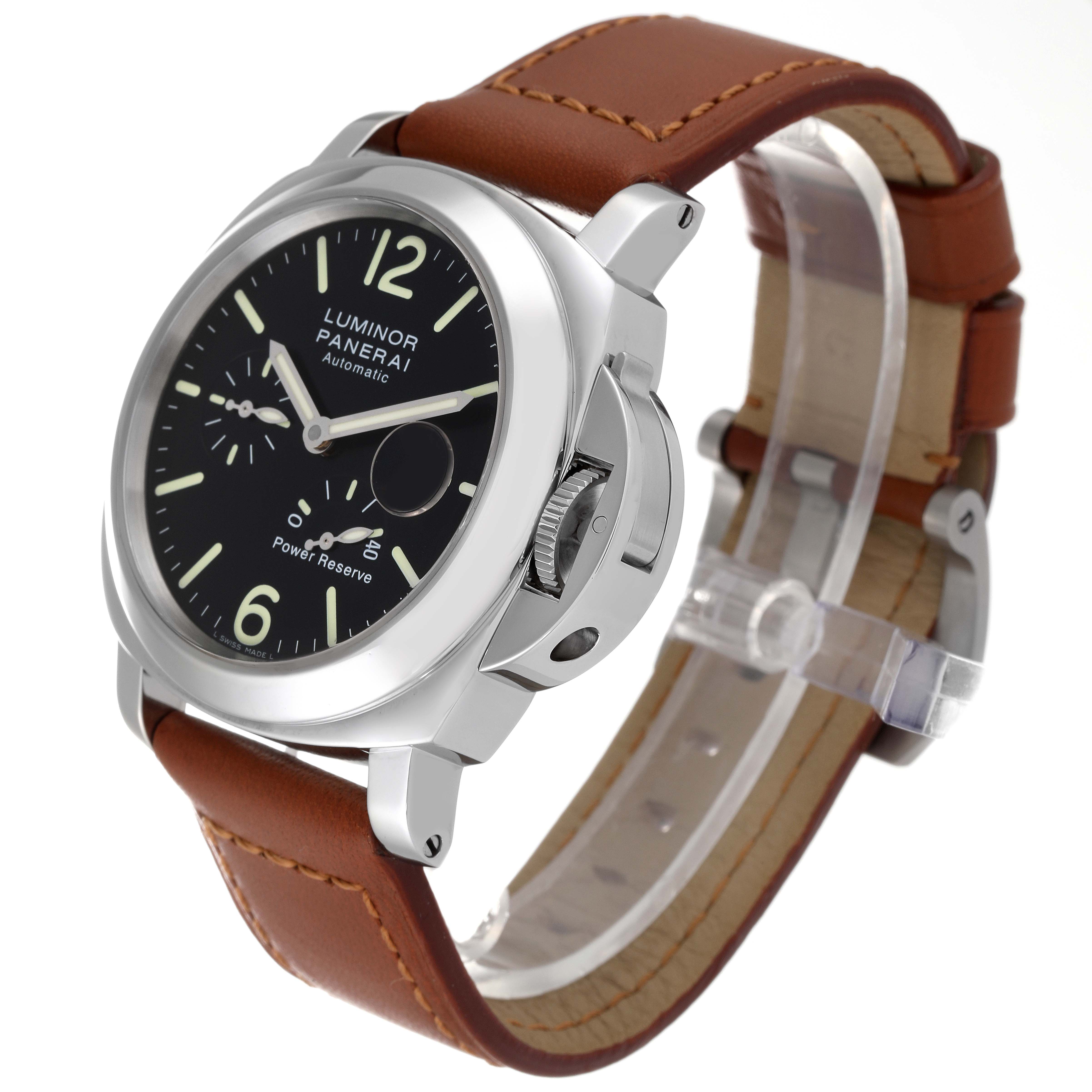 The Panerai Luminor PAM00090 Men's Stainless Steel Black Dial PAM00090 Men's Stainless Steel Black Dial watch is shown at a slight angle, displaying its dial, crown guard, and brown leather strap.