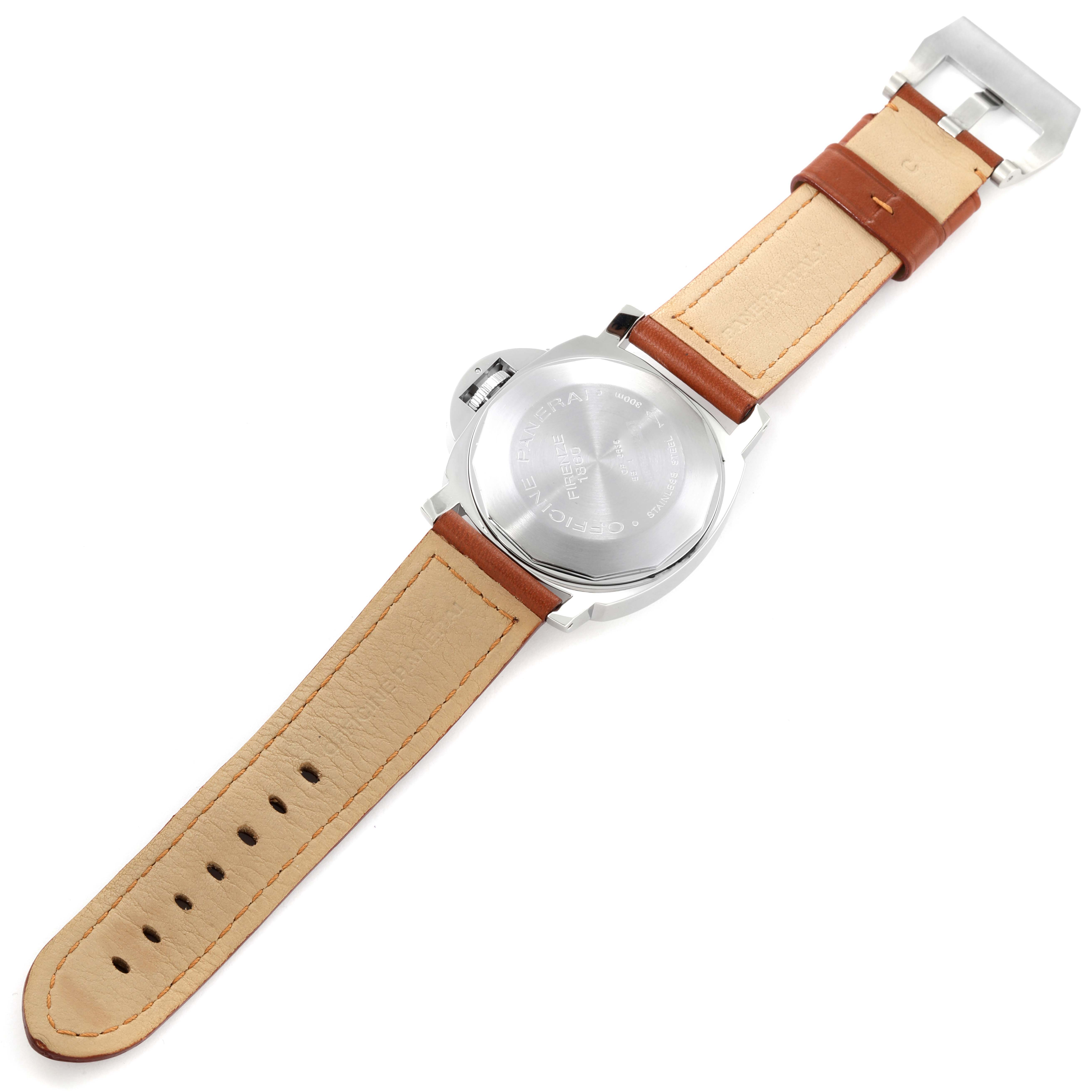 This image shows the back view of a Luminor model watch by Panerai, displaying its brown leather strap and stainless steel case back.