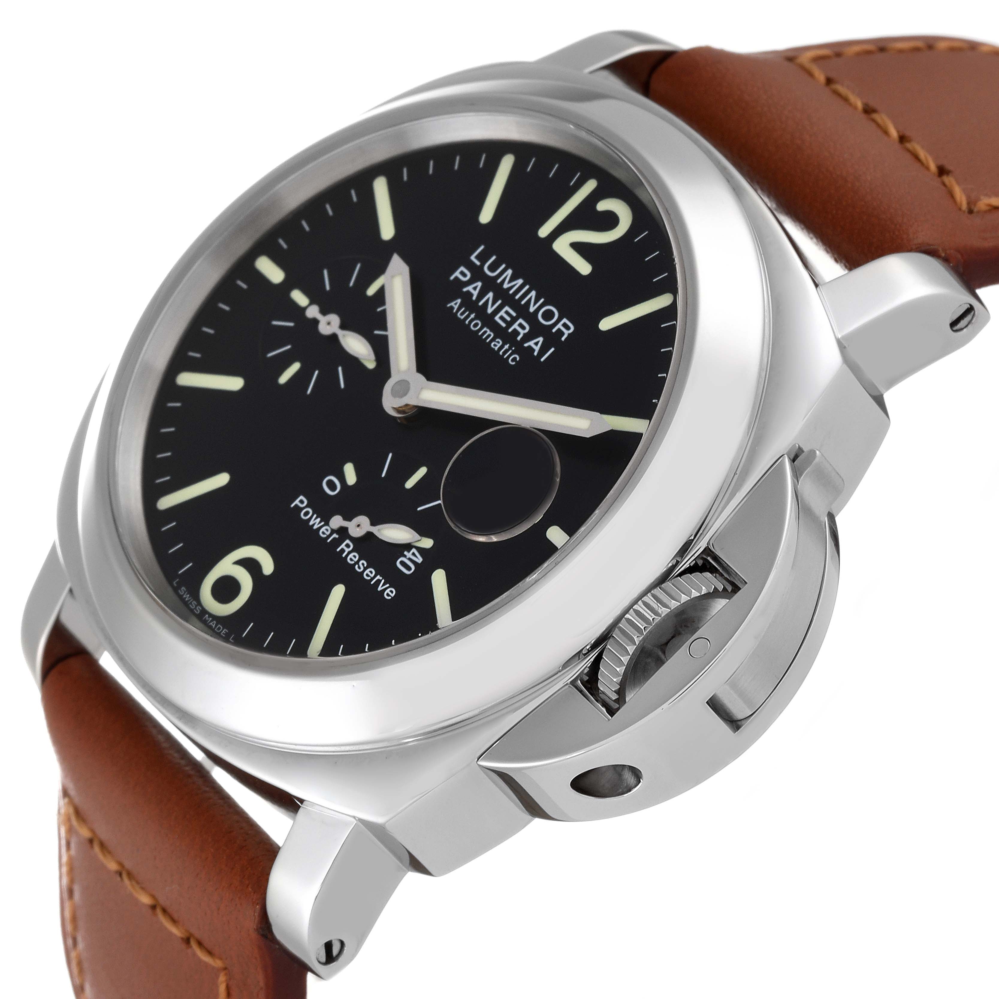 The image shows a Panerai Luminor PAM00090 Men's Stainless Steel Black Dial PAM00090 Men's Stainless Steel Black Dial watch at an oblique angle, highlighting the dial, brown leather strap, and crown guard.