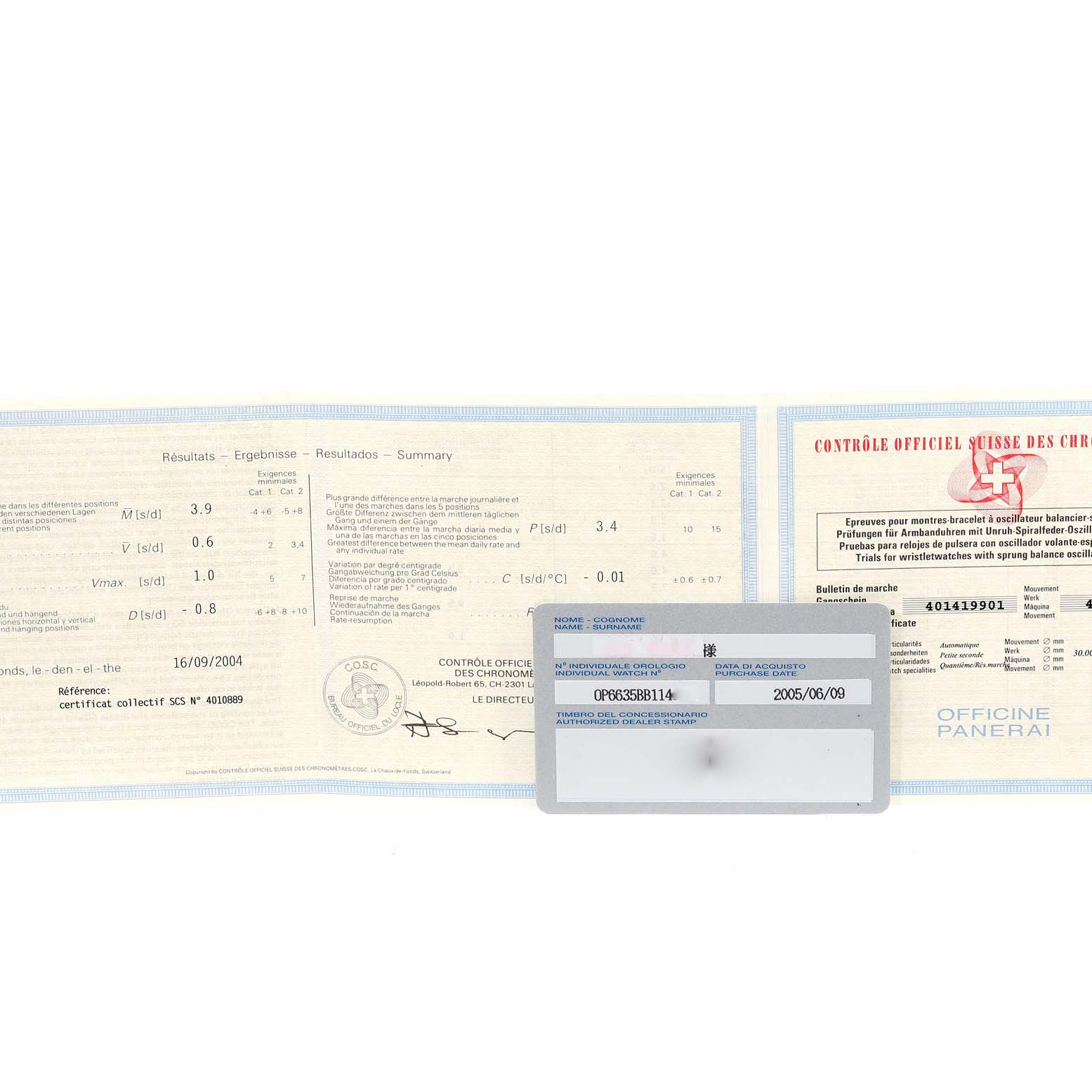 The image shows the certification and warranty card for a Luminor model by Panerai, displayed at a flat angle.