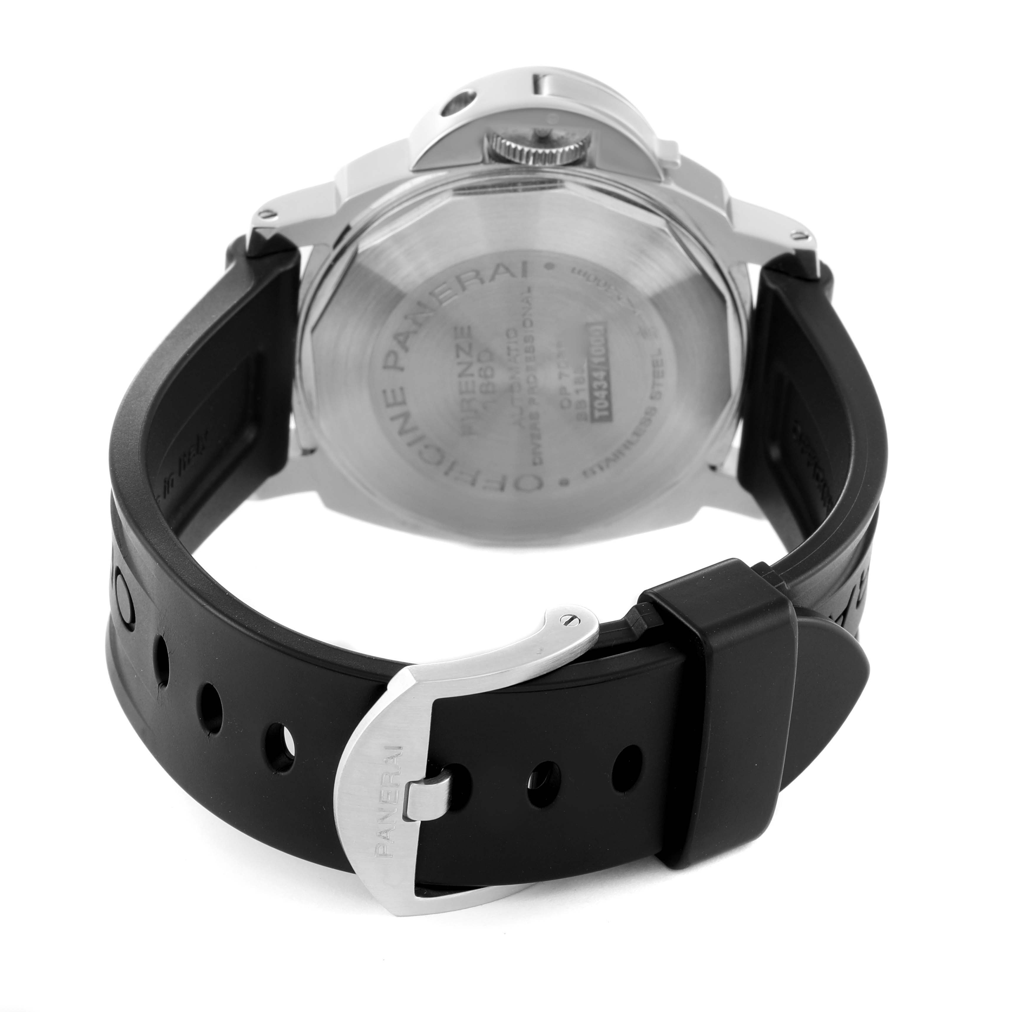 The image shows the back case and strap buckles of a Panerai Submersible PAM01024 Men
s Stainless Steel Black Dial PAM01024 Men
s Stainless Steel Black Dial watch from a rear angle.