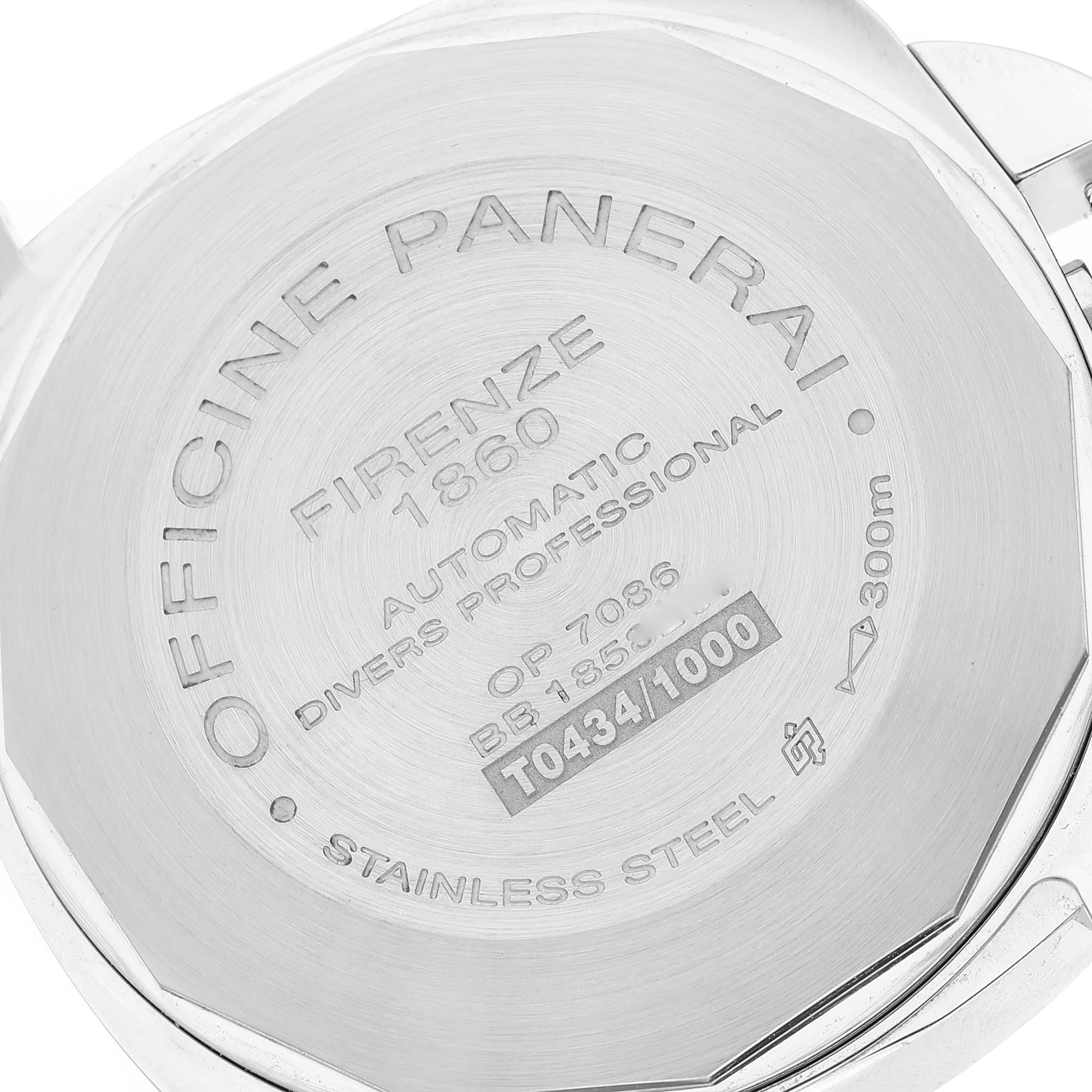 The image shows the case back of the Panerai Submersible PAM01024 Men
s Stainless Steel Black Dial PAM01024 Men
s Stainless Steel Black Dial watch with engraved details about the model.