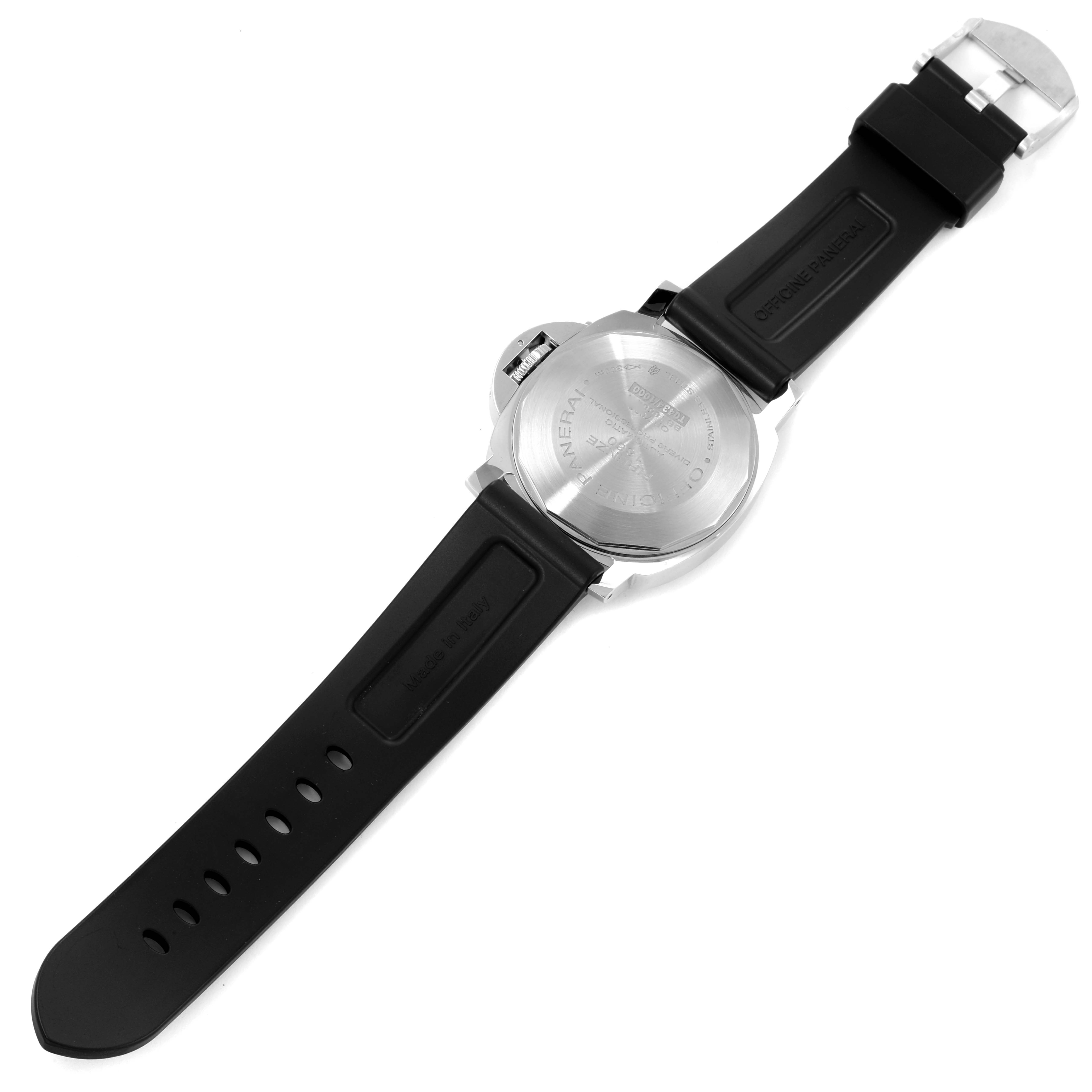 This image shows the back and strap of a Panerai Submersible PAM01024 Men
s Stainless Steel Black Dial PAM01024 Men
s Stainless Steel Black Dial watch viewed from a top-down angle. 