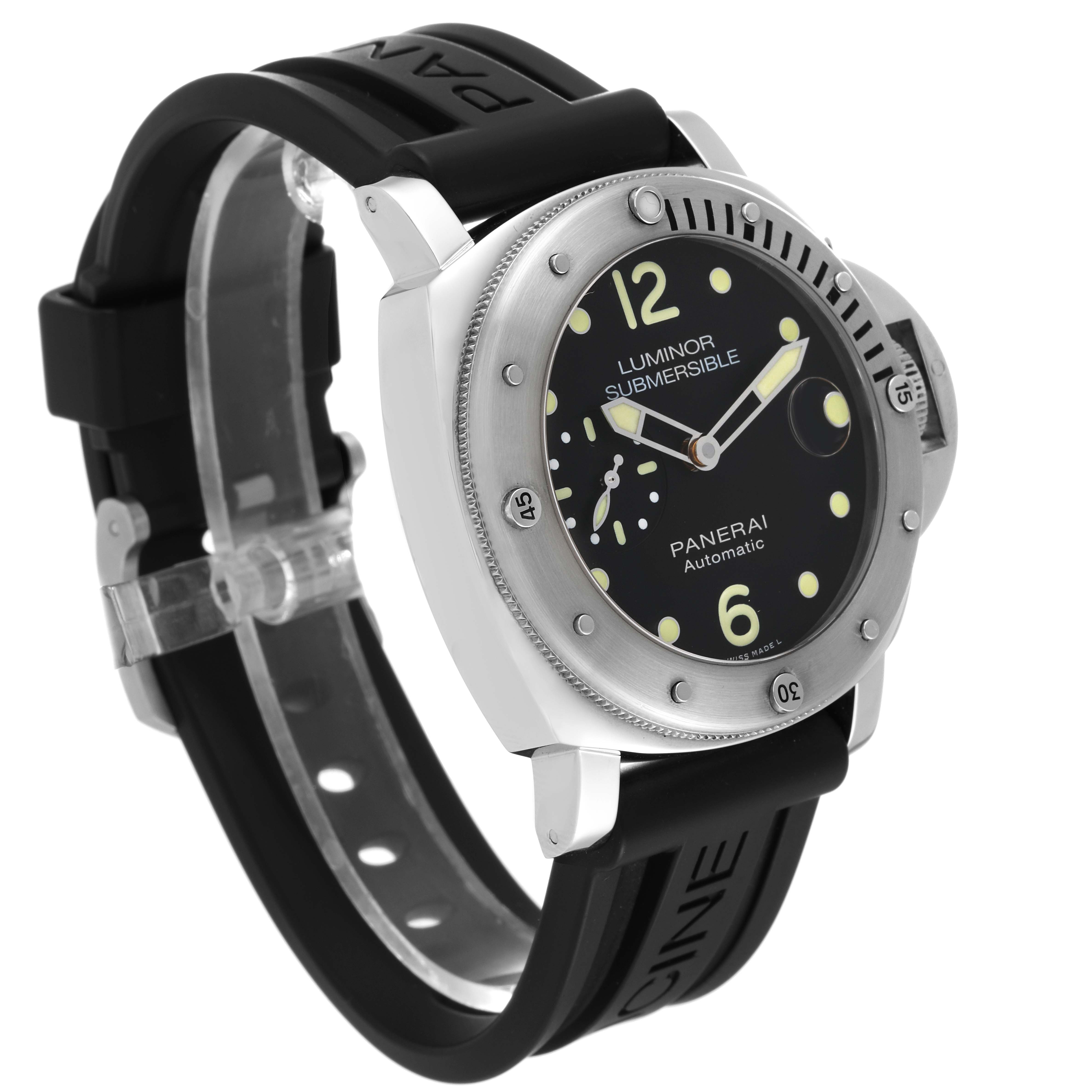 The Panerai Submersible PAM01024 Men
s Stainless Steel Black Dial PAM01024 Men
s Stainless Steel Black Dial watch is shown at a three-quarter angle, highlighting its bezel, dial, and strap.