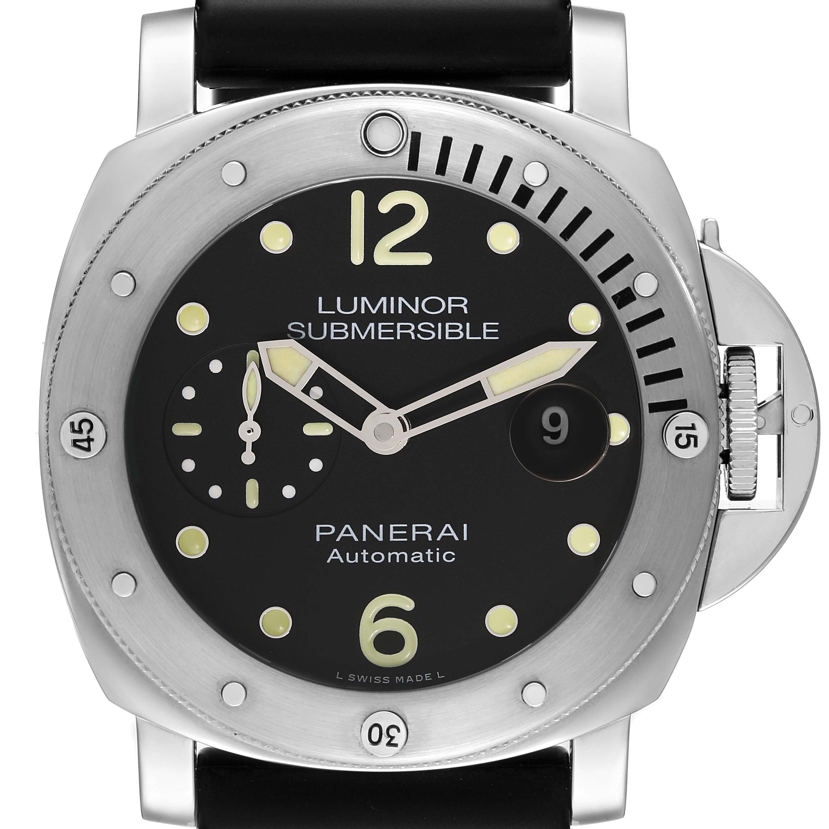 The image shows a front view of the Panerai Submersible PAM01024 Men
s Stainless Steel Black Dial PAM01024 Men
s Stainless Steel Black Dial watch, highlighting the dial, bezel, and crown guard.