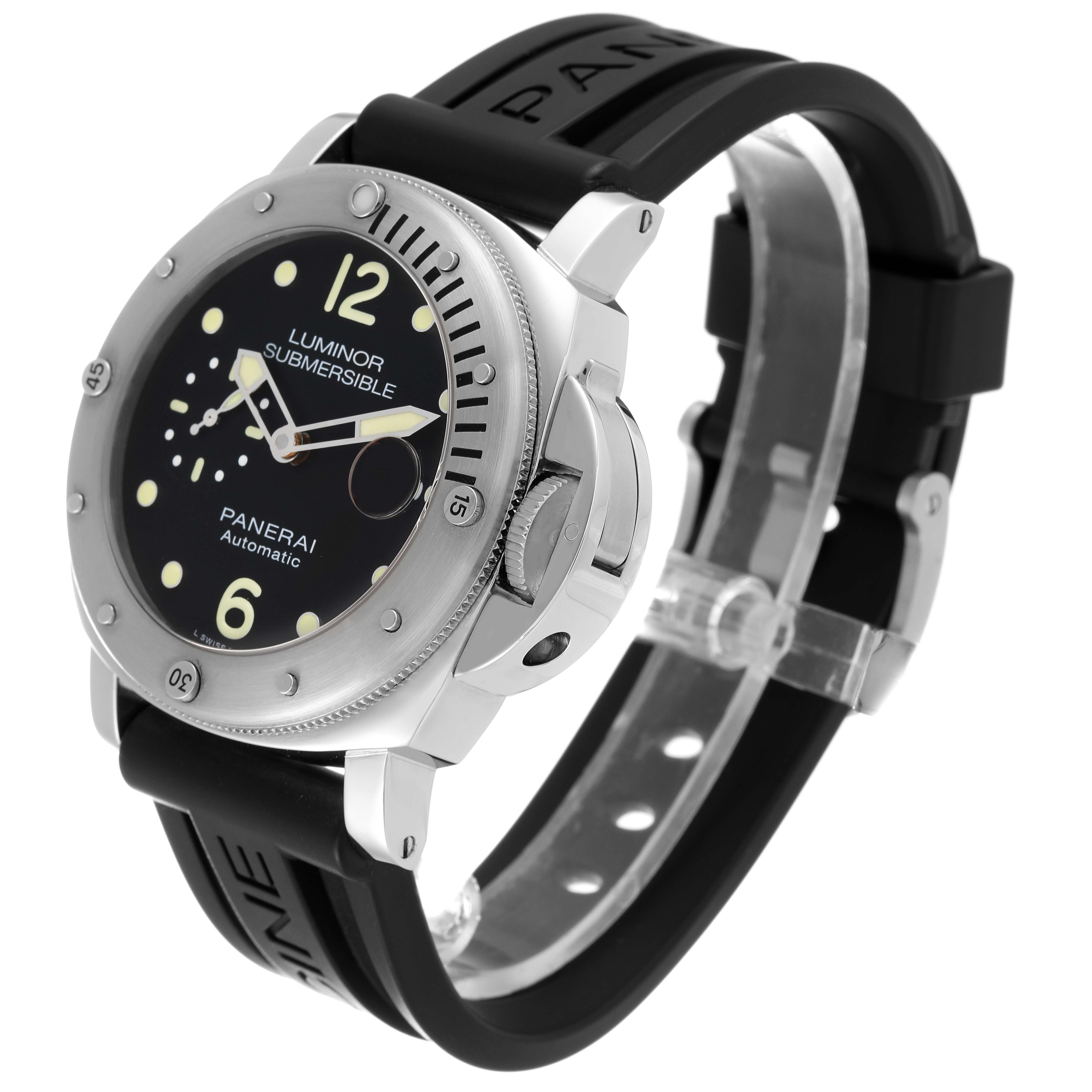 The Panerai Luminor Submersible watch is shown at an angle displaying the face, bezel, crown guard, and rubber strap.