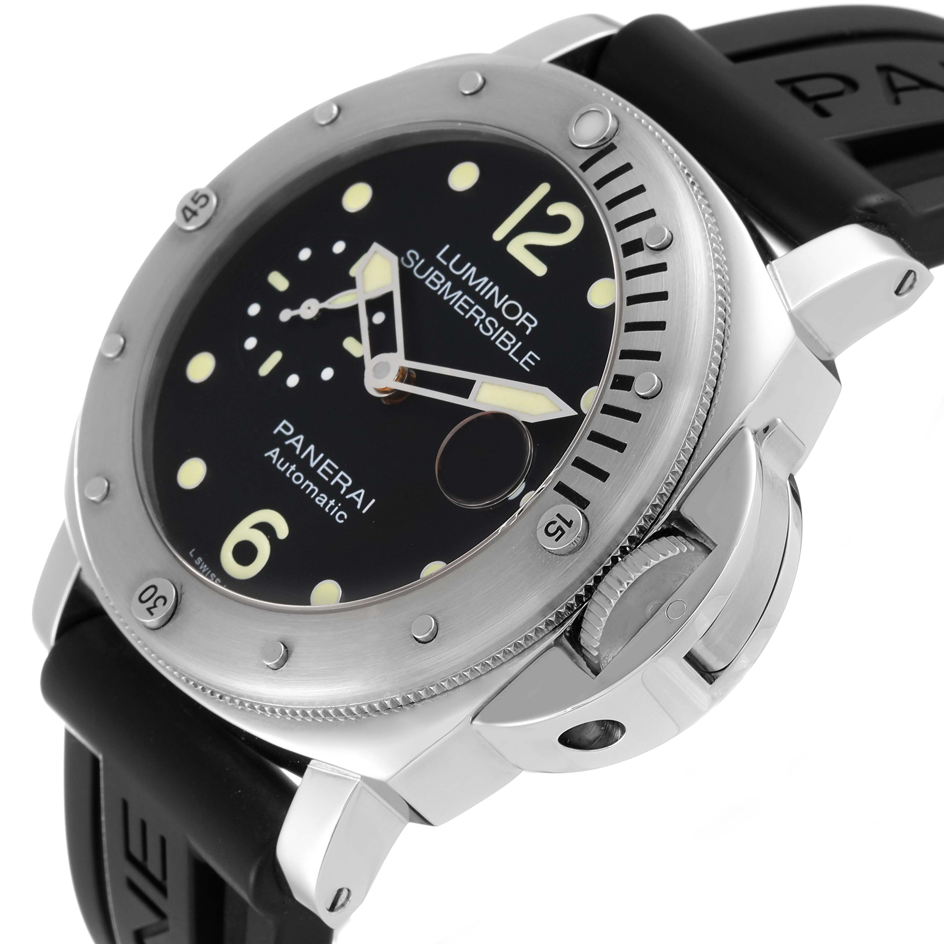 The Panerai Submersible PAM01024 Men
s Stainless Steel Black Dial PAM01024 Men
s Stainless Steel Black Dial watch is shown at an angle highlighting its face, bezel, crown guard, and part of the strap.
