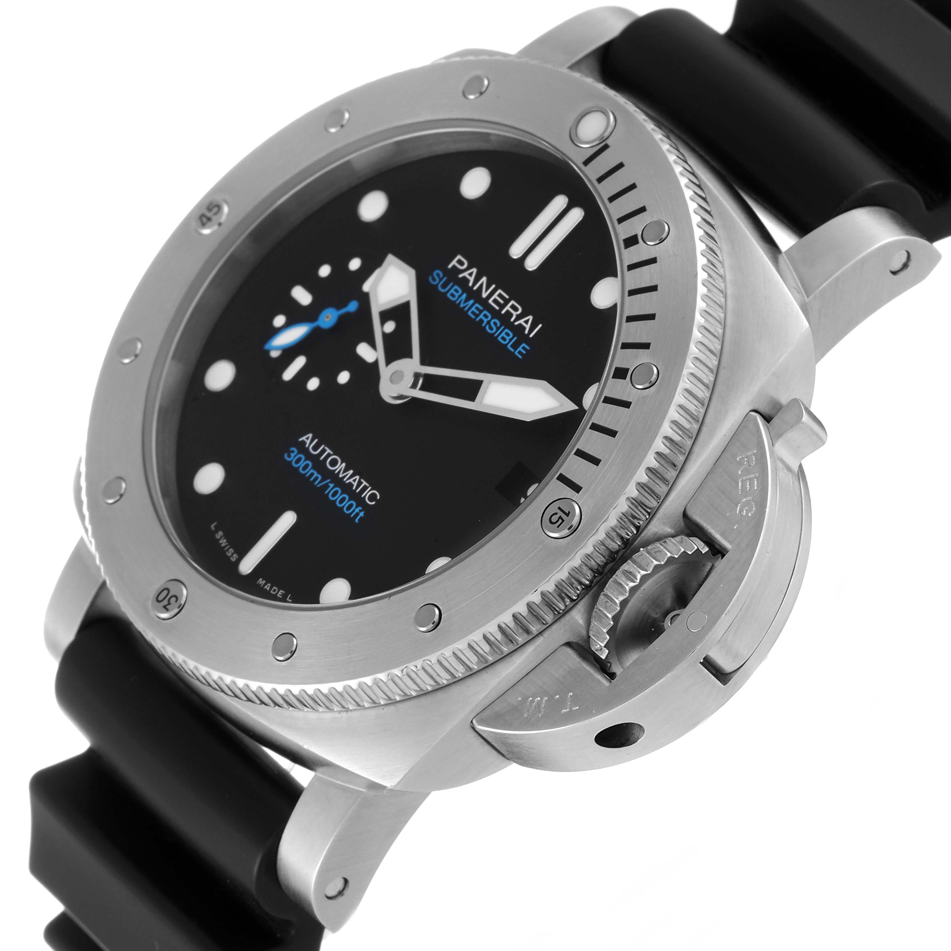 The image shows a Panerai Submersible PAM00973 Men's Titanium Black Dial PAM00973 Men's Titanium Black Dial watch angled slightly to the side, highlighting its bezel, dial, and crown guard.