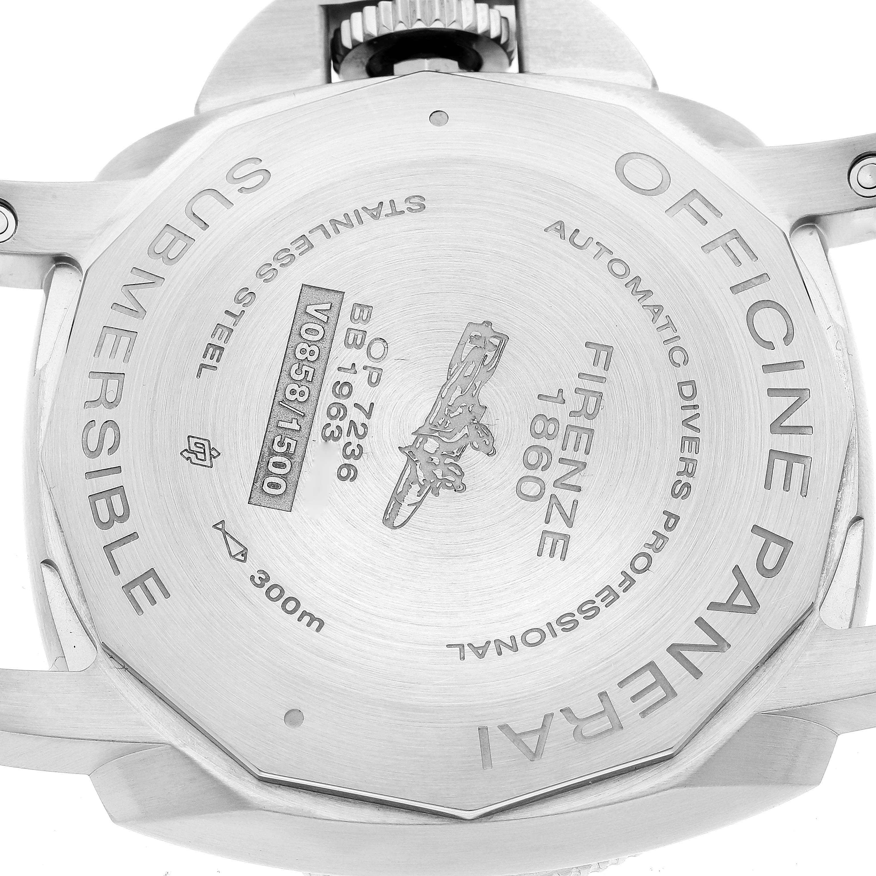 The image shows the case back of a Panerai Submersible PAM00973 Men's Titanium Black Dial PAM00973 Men's Titanium Black Dial watch, highlighting its inscriptions and design details.