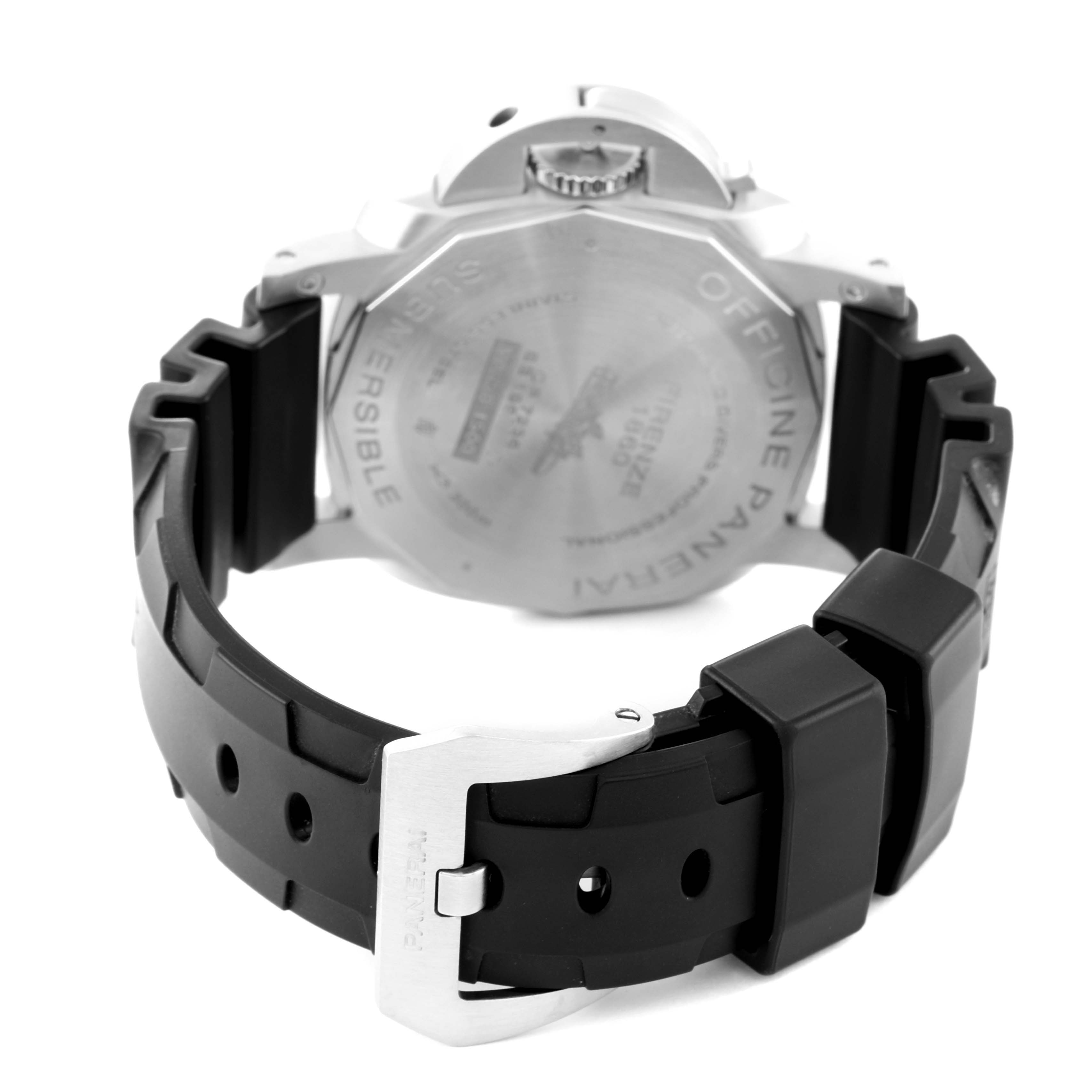 The image shows the back casing and black rubber strap with buckle of a Panerai Submersible PAM00973 Men's Titanium Black Dial PAM00973 Men's Titanium Black Dial watch.