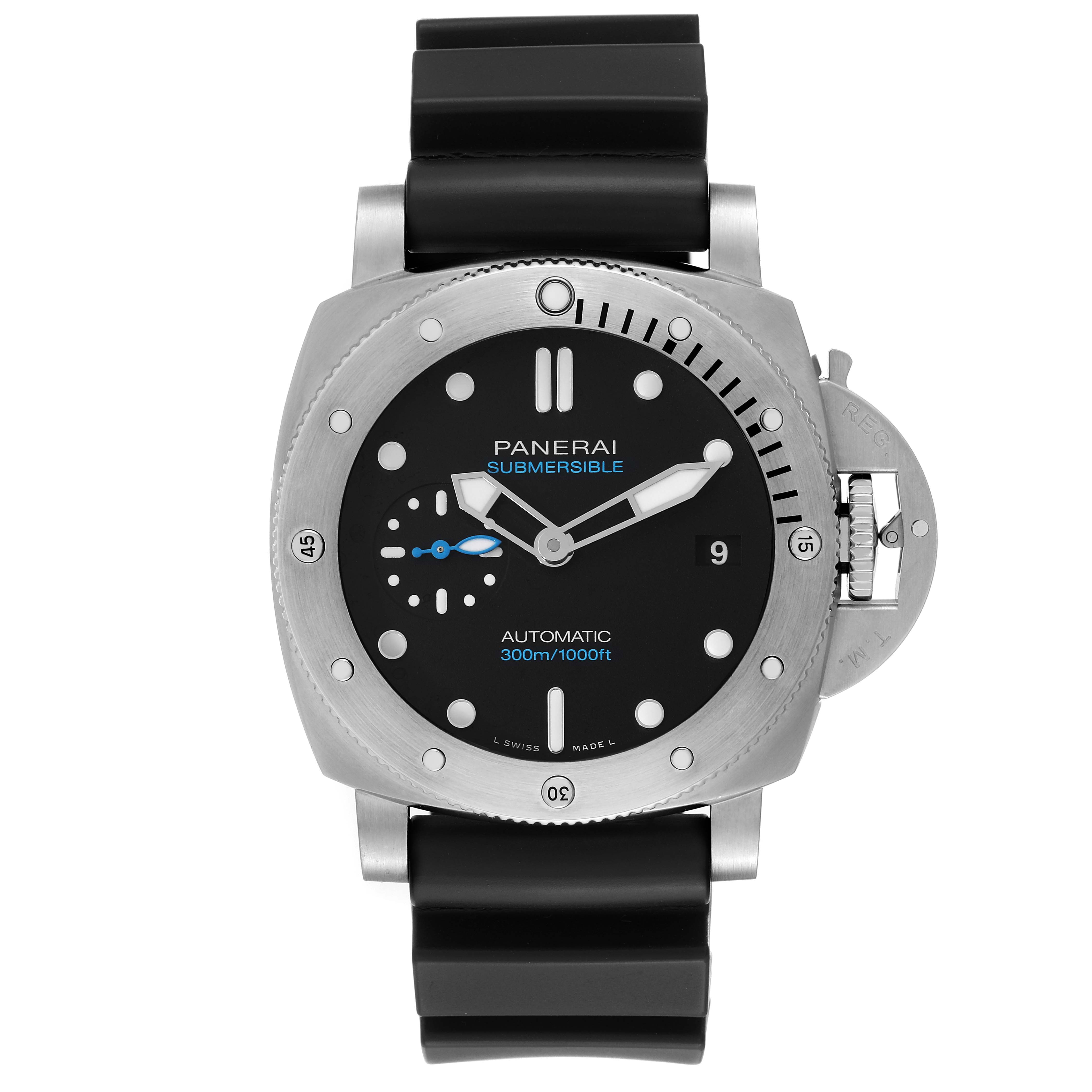 This image shows a front view of the Panerai Submersible PAM00973 Men's Titanium Black Dial PAM00973 Men's Titanium Black Dial watch, displaying the dial, bezel, crown guard, and strap.