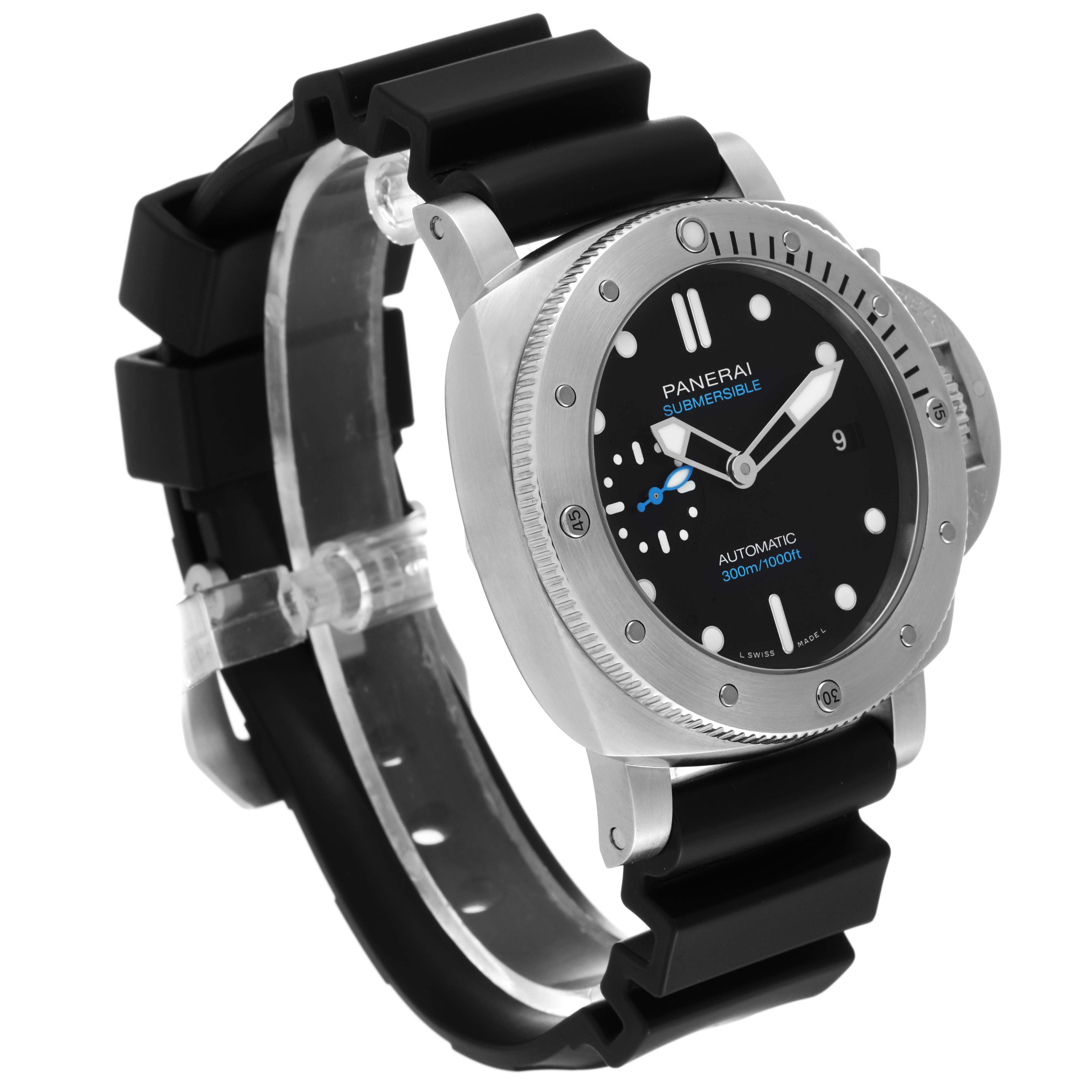 The image shows a Panerai Submersible PAM00973 Men's Titanium Black Dial PAM00973 Men's Titanium Black Dial watch at a three-quarter angle, highlighting the watch face, bezel, and rubber strap.