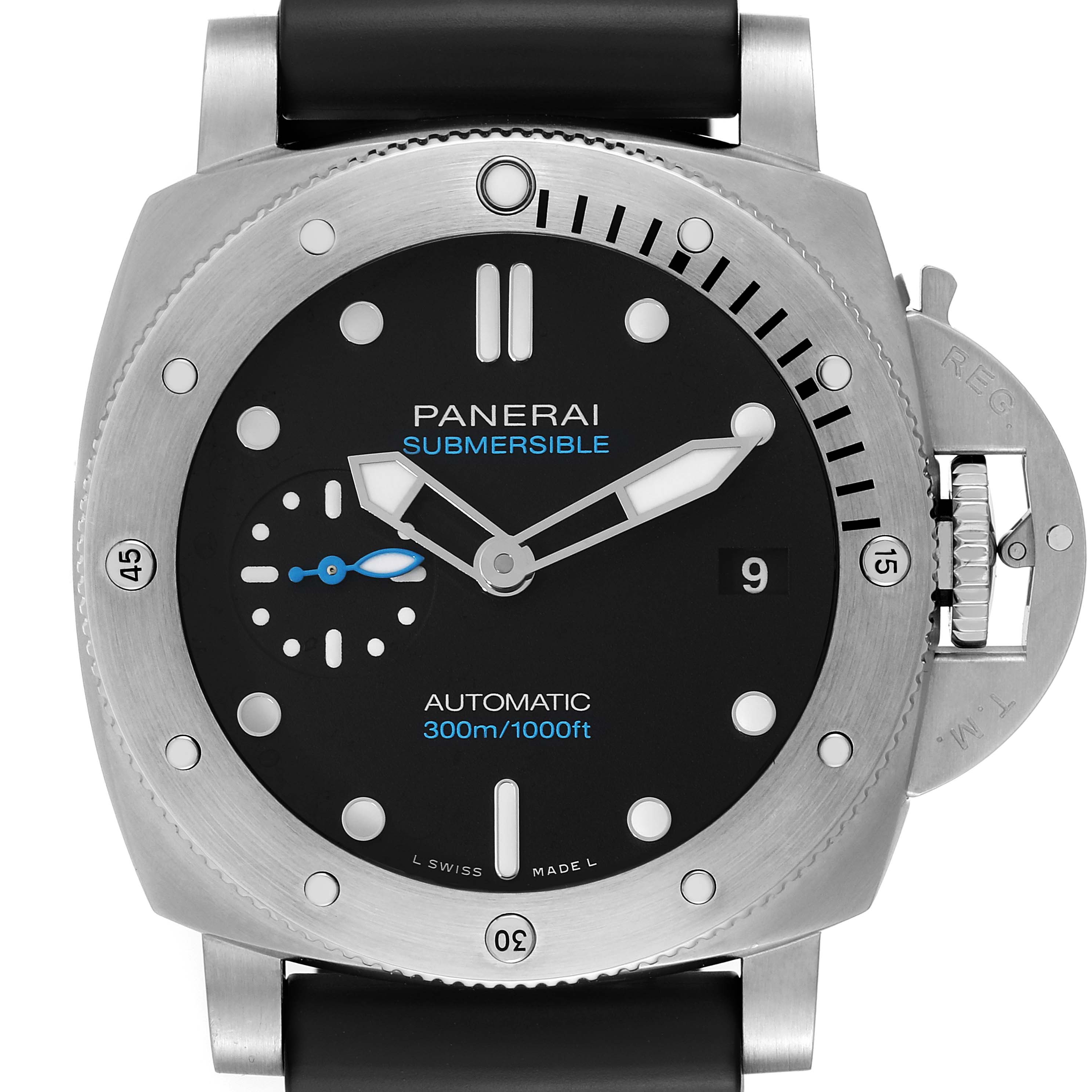 The image shows a front view of the Panerai Submersible PAM00973 Men's Titanium Black Dial PAM00973 Men's Titanium Black Dial watch, displaying the dial, hour markers, hands, and bezel.