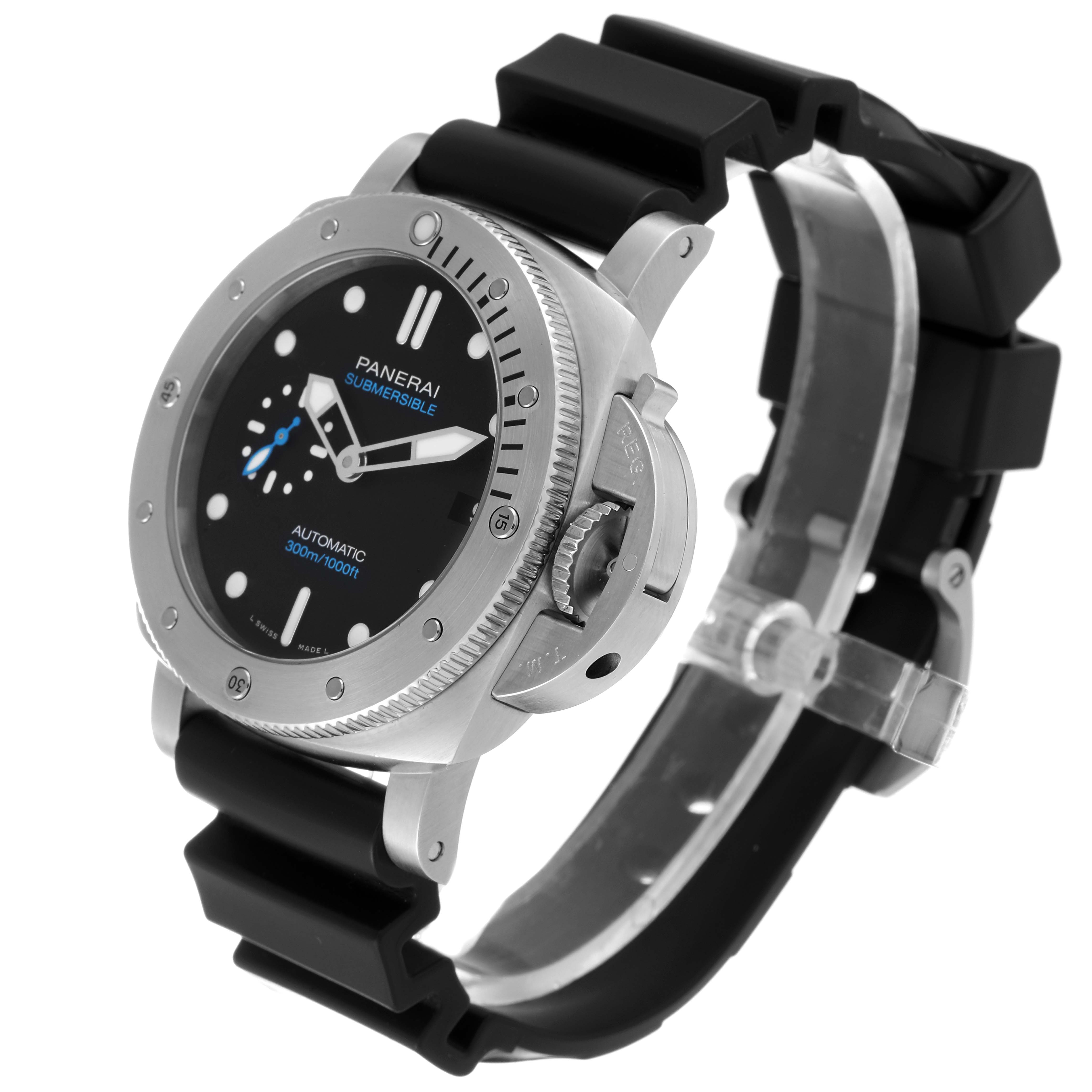 The Panerai Submersible PAM00973 Men's Titanium Black Dial PAM00973 Men's Titanium Black Dial watch is shown at a three-quarter angle, highlighting the face, bezel, crown guard, and black strap.