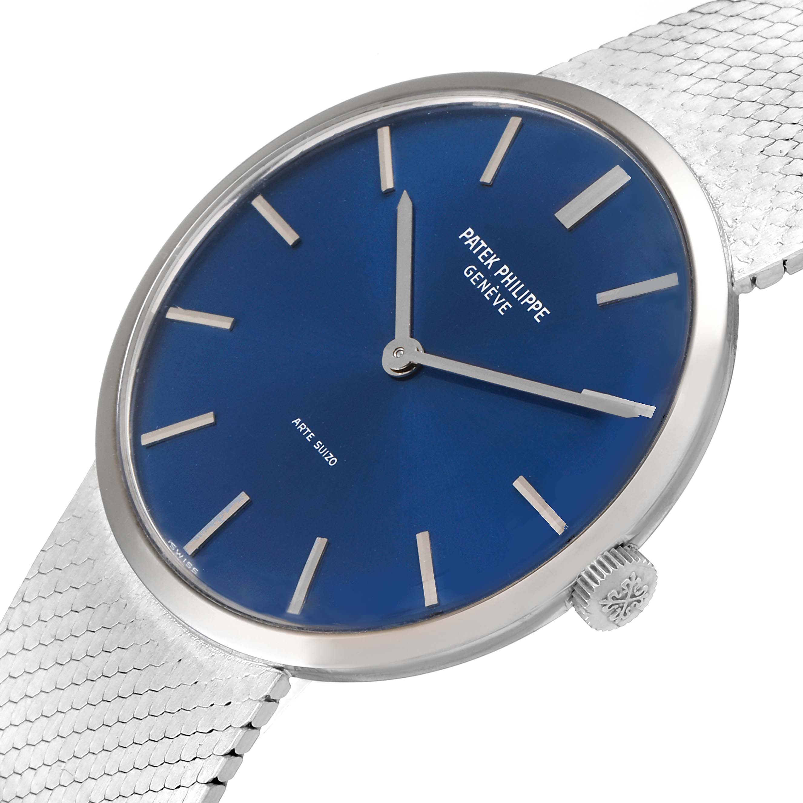 The image shows a Patek Philippe Vintage watch at a slight angle, focusing on the blue dial, crown, and part of the strap.