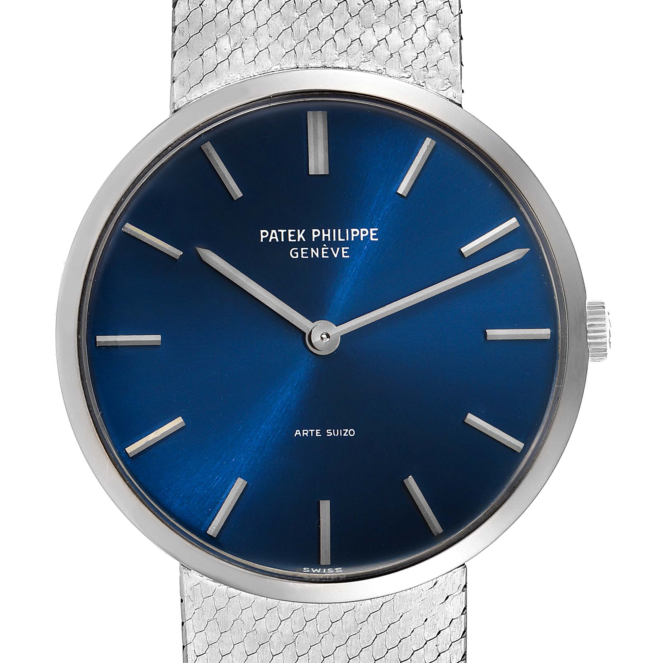 The image shows a front view of the Patek Philippe Calatrava 3468 Men's White Gold Blue Dial 3468 Men's White Gold Blue Dial watch, highlighting its blue dial, silver hands, and crown.