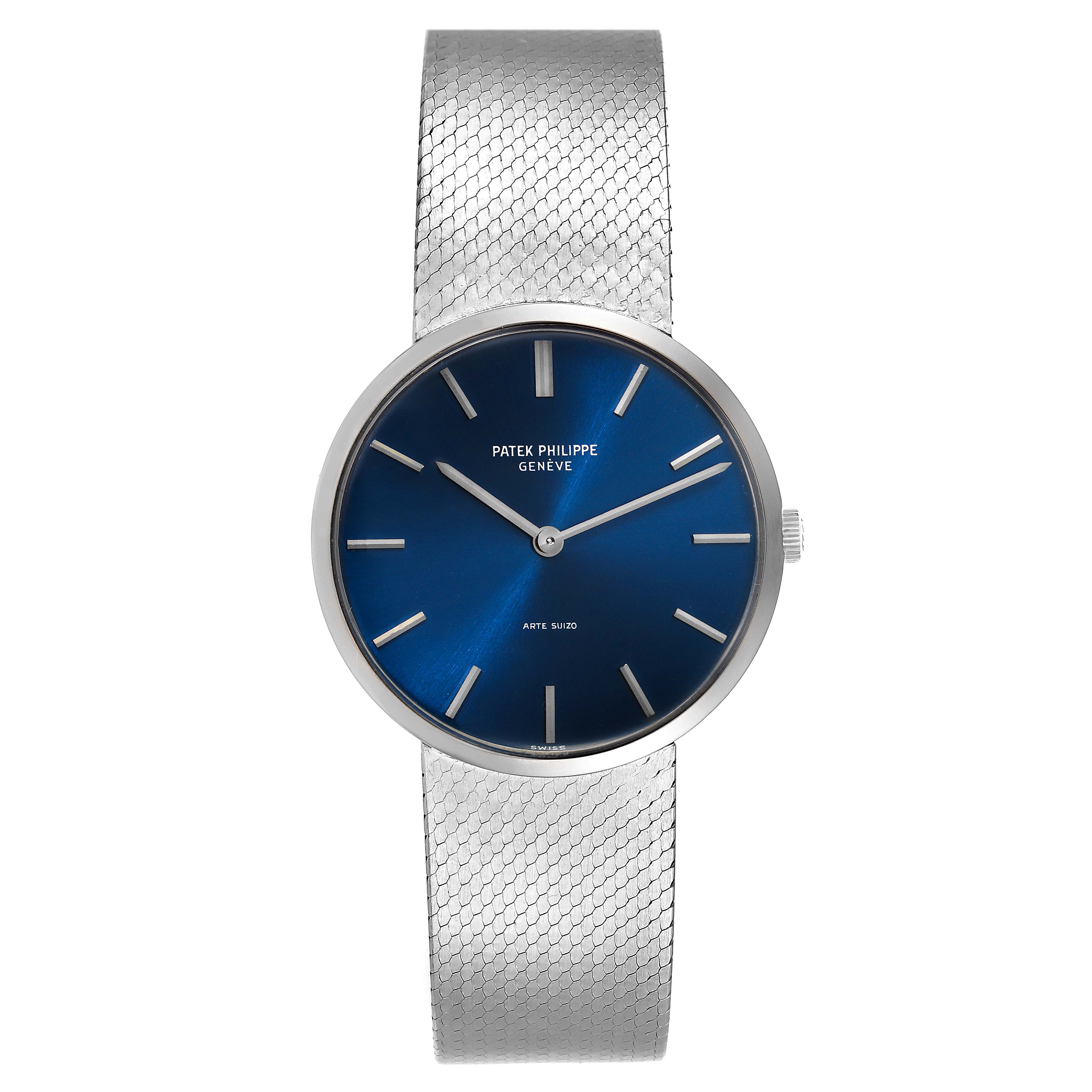 The image shows a front view of the Patek Philippe Vintage watch model with a blue dial and silver mesh strap.