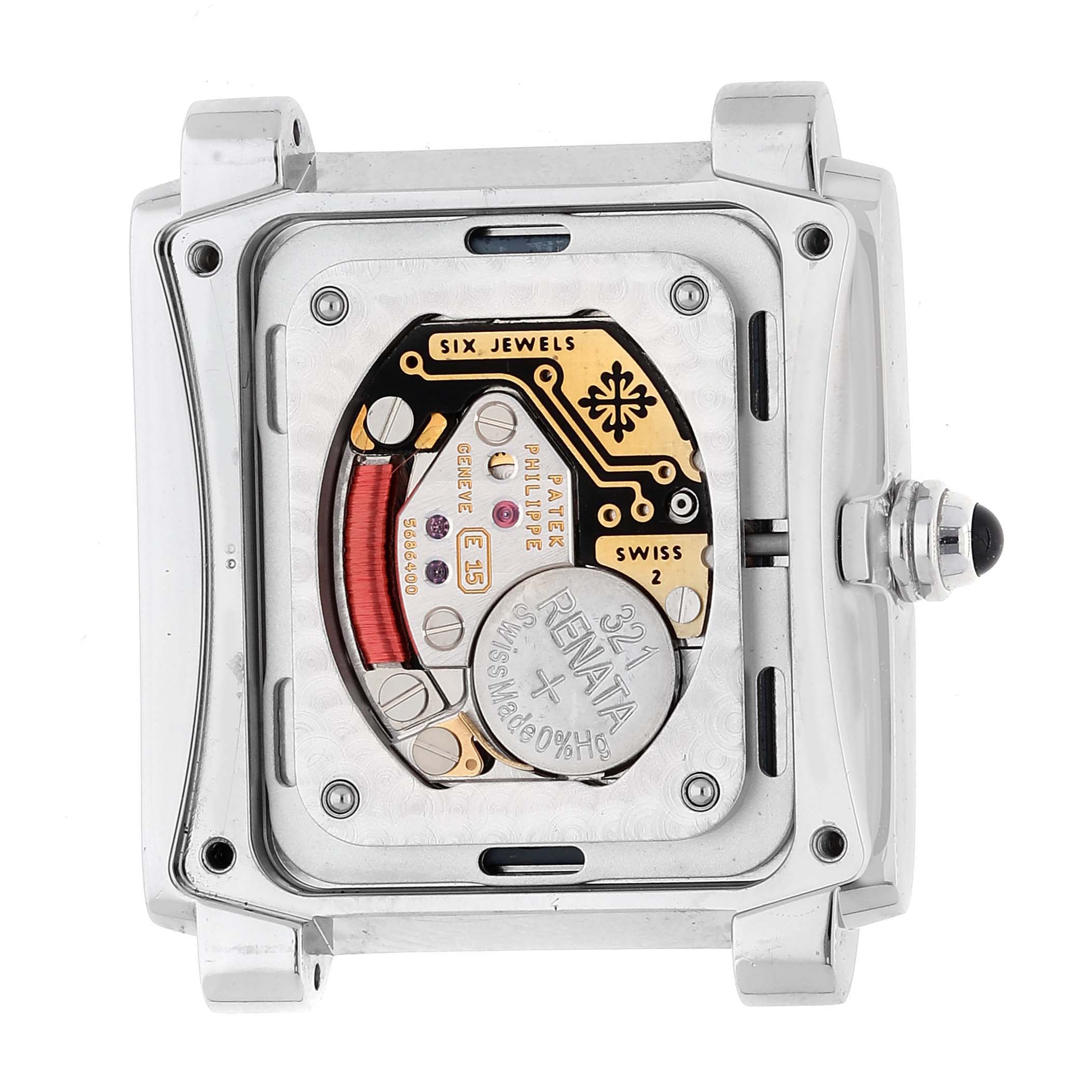 This image shows the back side of a Patek Philippe Twenty-4 4910-10A-012 Women's Stainless Steel Blue Dial 4910-10A-012 Women's Stainless Steel Blue Dial watch, highlighting its movement and internal components.