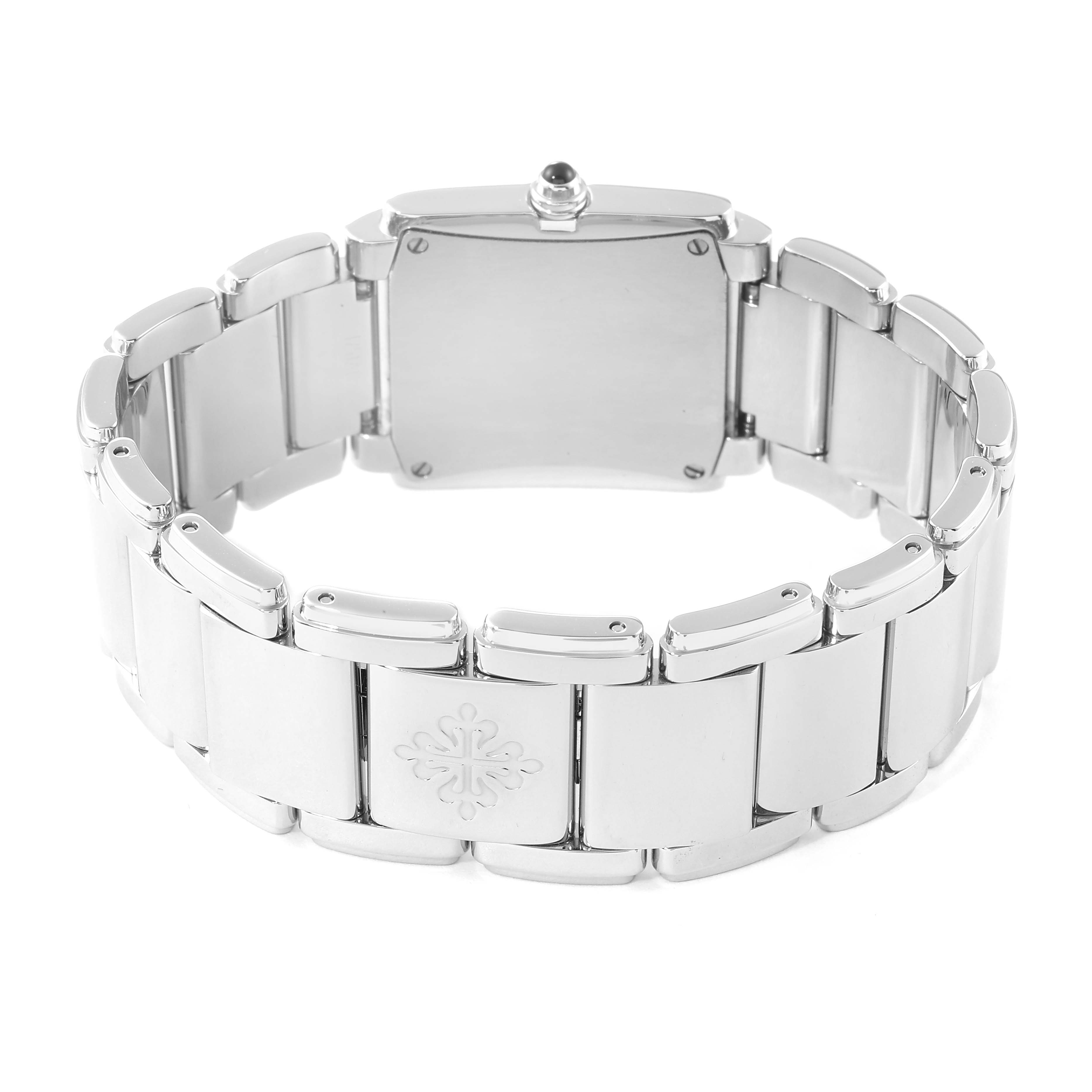 This image shows the back view of a Patek Philippe Twenty-4 4910-10A-012 Women's Stainless Steel Blue Dial 4910-10A-012 Women's Stainless Steel Blue Dial watch, focusing on its stainless steel bracelet and clasp.