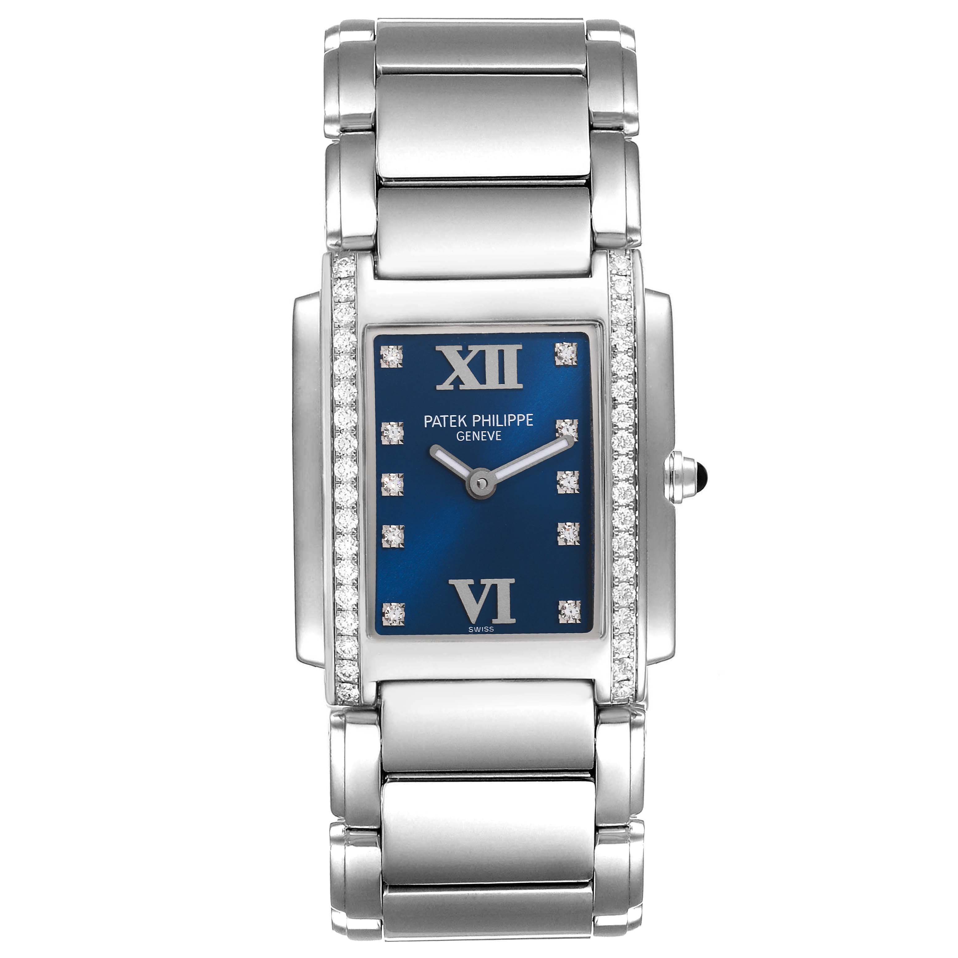 This Patek Philippe Twenty-4 4910-10A-012 Women's Stainless Steel Blue Dial 4910-10A-012 Women's Stainless Steel Blue Dial model is shown from a top-down angle, displaying its blue dial, diamond accents, and metal bracelet.