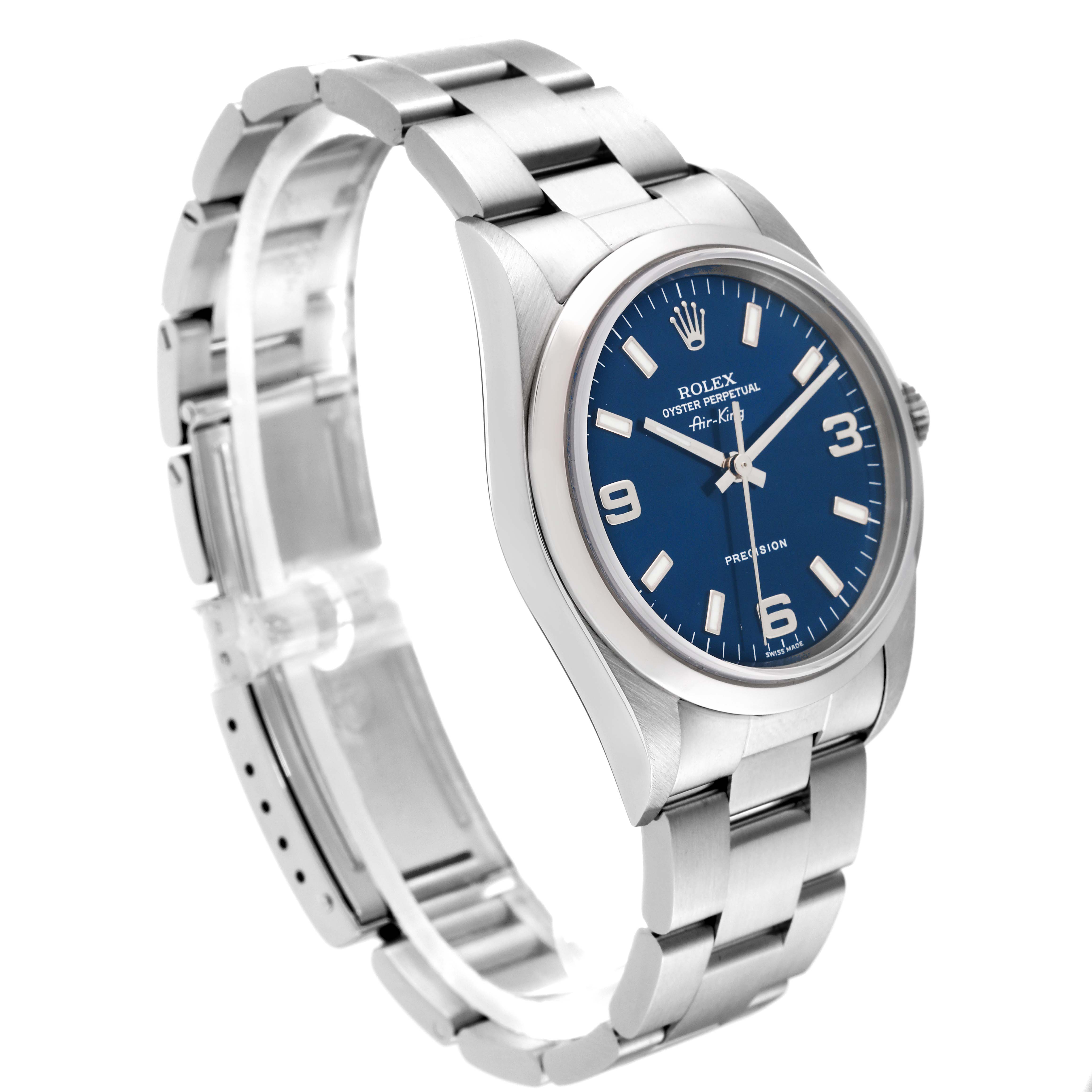 The Rolex Air-King 14000M Men's Stainless Steel Blue Dial 14000M Men's Stainless Steel Blue Dial watch is shown at a three-quarter angle, featuring the watch face, bezel, and stainless steel bracelet.