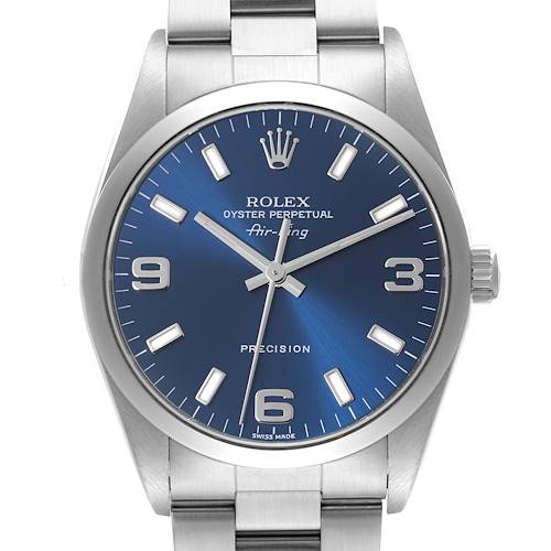 The image shows a front view of the Rolex Air-King watch displaying its blue dial, hour markers, hands, and part of the bracelet.