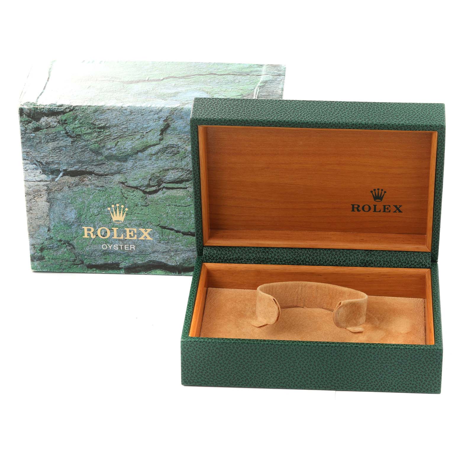 The image shows an opened green watch box and outer cardboard box for a Rolex Air-King 14000M Men's Stainless Steel Blue Dial 14000M Men's Stainless Steel Blue Dial model.