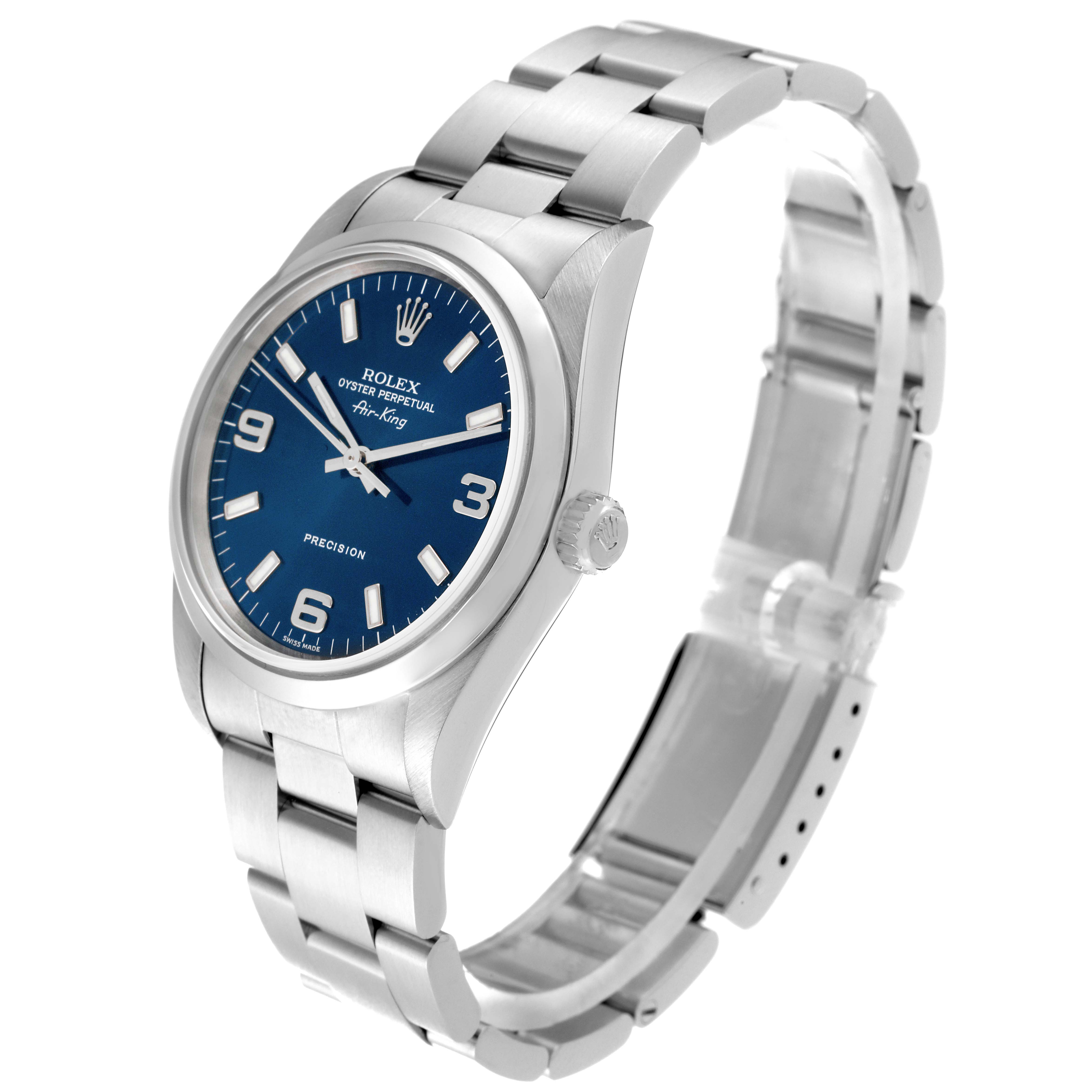 The image features a Rolex Air-King 14000M Men's Stainless Steel Blue Dial 14000M Men's Stainless Steel Blue Dial watch at an angled side view, showcasing the face, crown, and stainless steel bracelet.
