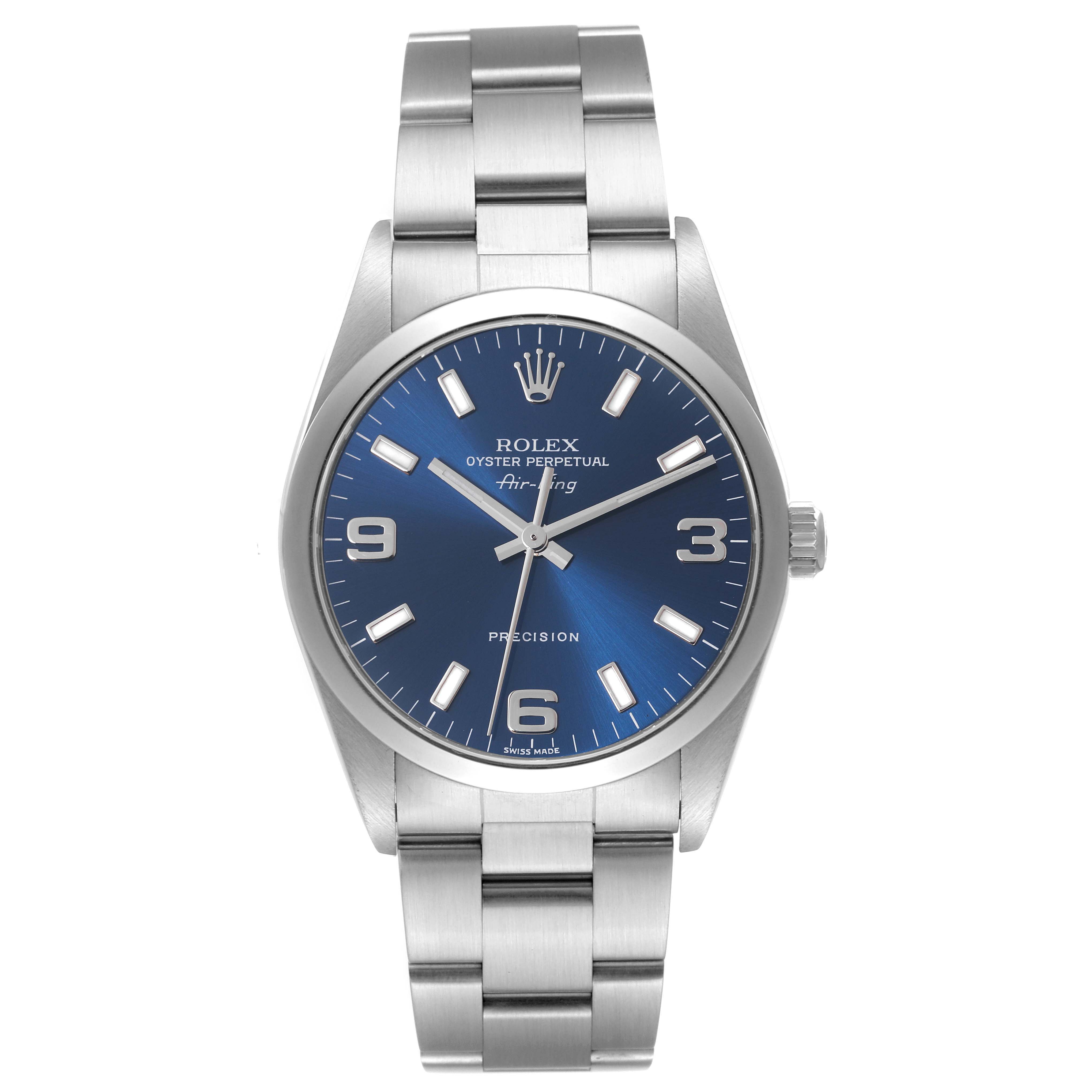 The image shows a front view of a Rolex Air-King 14000M Men's Stainless Steel Blue Dial 14000M Men's Stainless Steel Blue Dial watch with a blue dial and stainless steel bracelet.