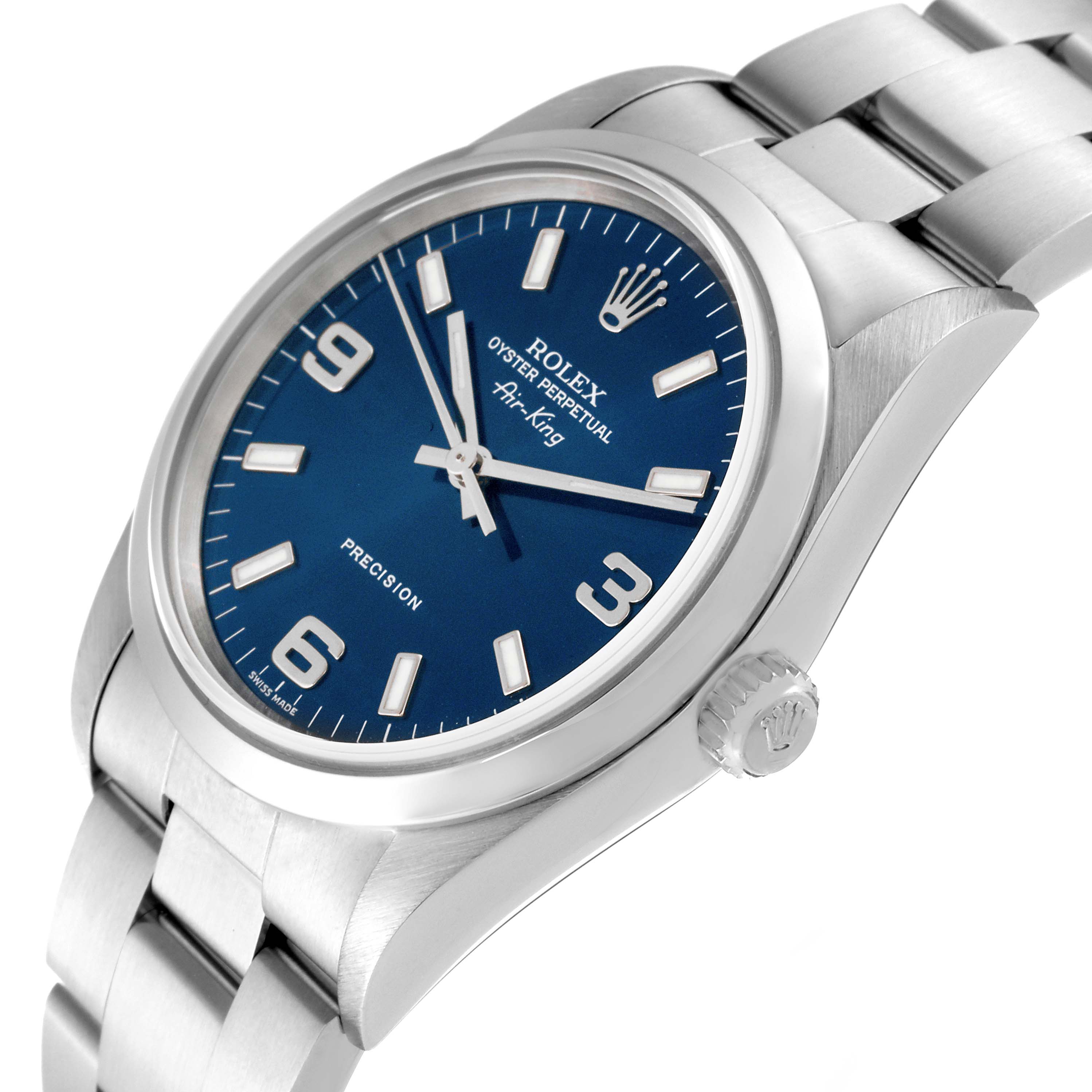 The image shows a Rolex Air-King 14000M Men's Stainless Steel Blue Dial 14000M Men's Stainless Steel Blue Dial watch at a slight angle, highlighting its blue dial, stainless steel case, and bracelet.