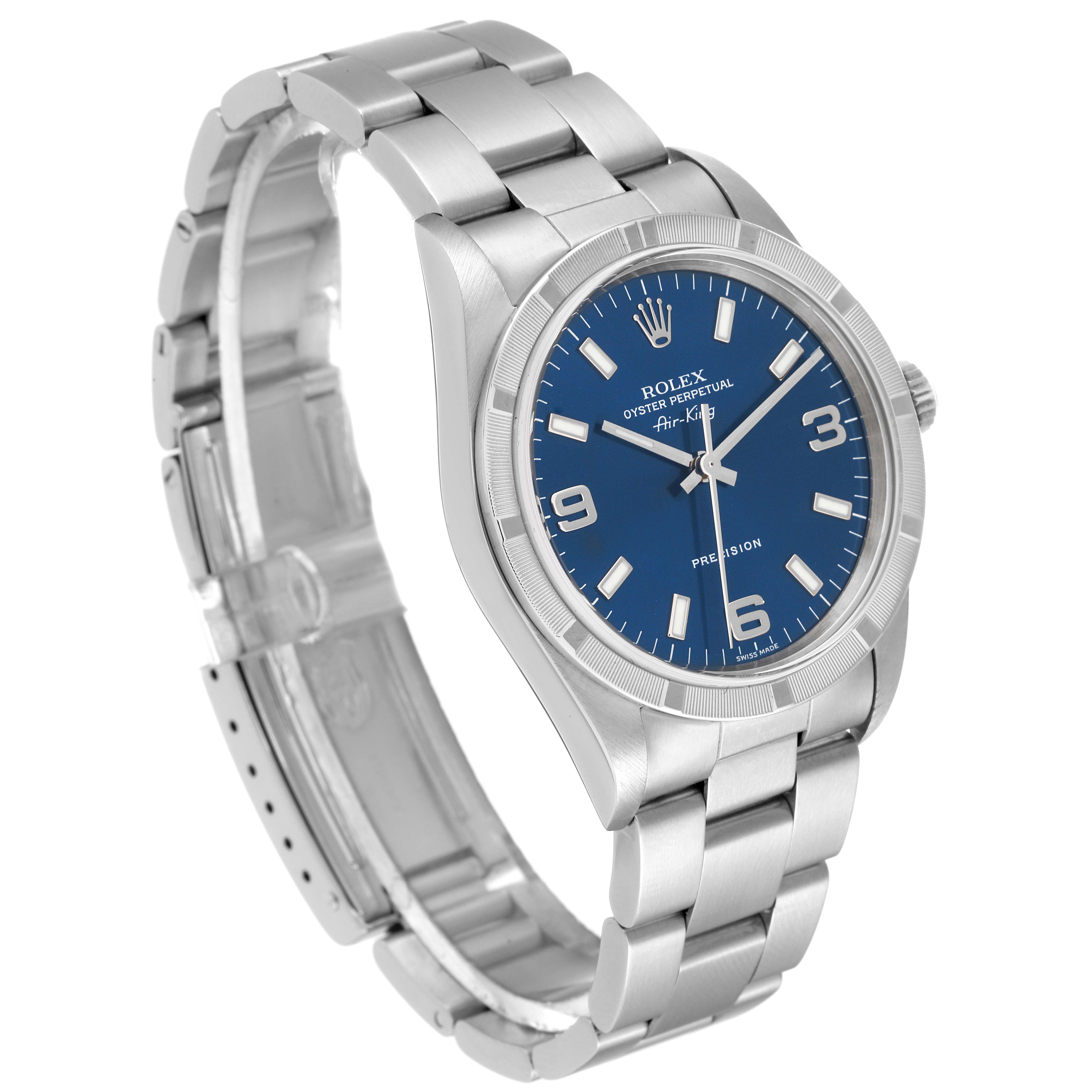 The Rolex Air-King 14010 Men's Stainless Steel Blue Dial 14010 Men's Stainless Steel Blue Dial watch is shown at a three-quarter angle, highlighting its blue dial, stainless steel case, and bracelet.