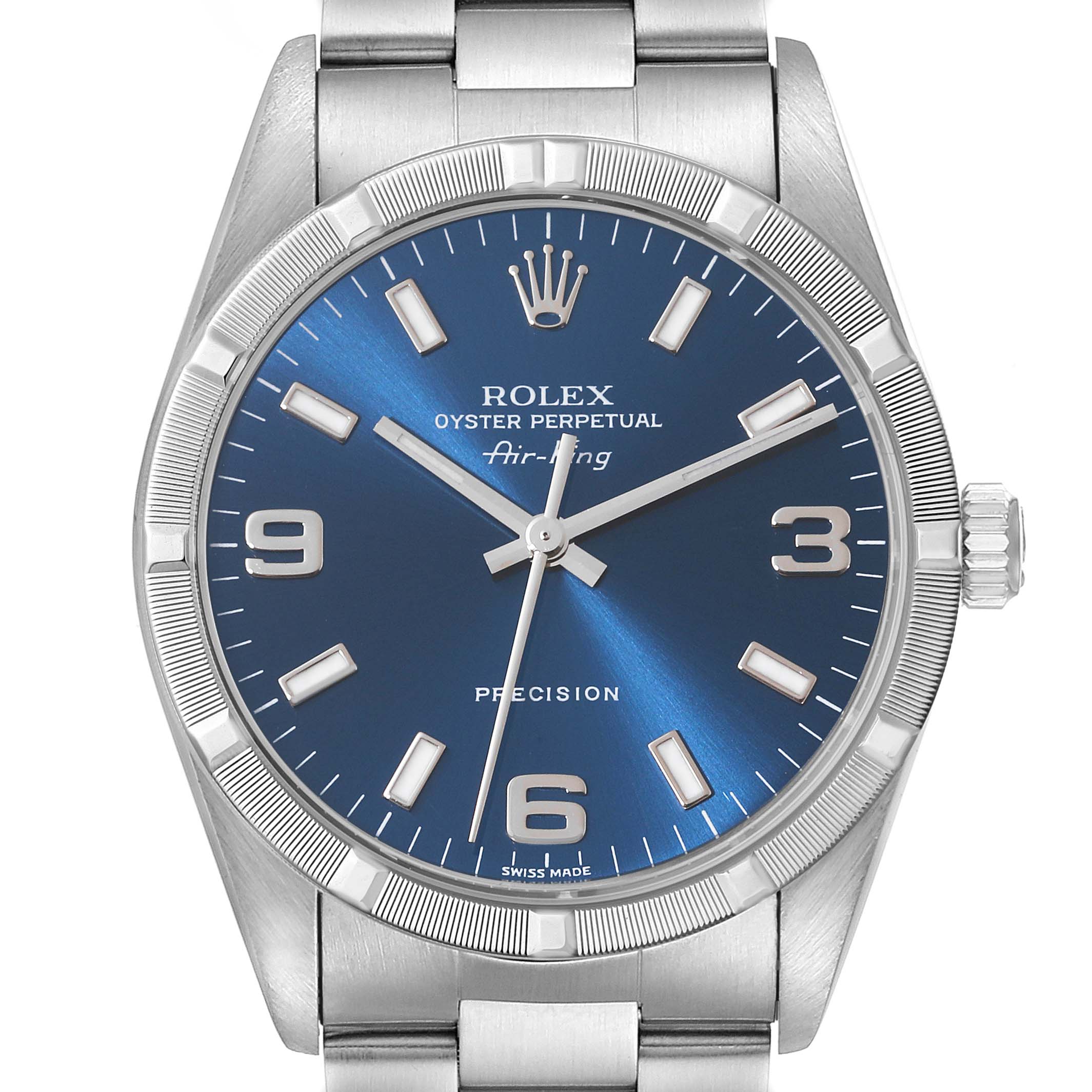 This image shows a front view of a Rolex Air-King 14010 Men's Stainless Steel Blue Dial 14010 Men's Stainless Steel Blue Dial watch with a blue dial and silver bracelet.