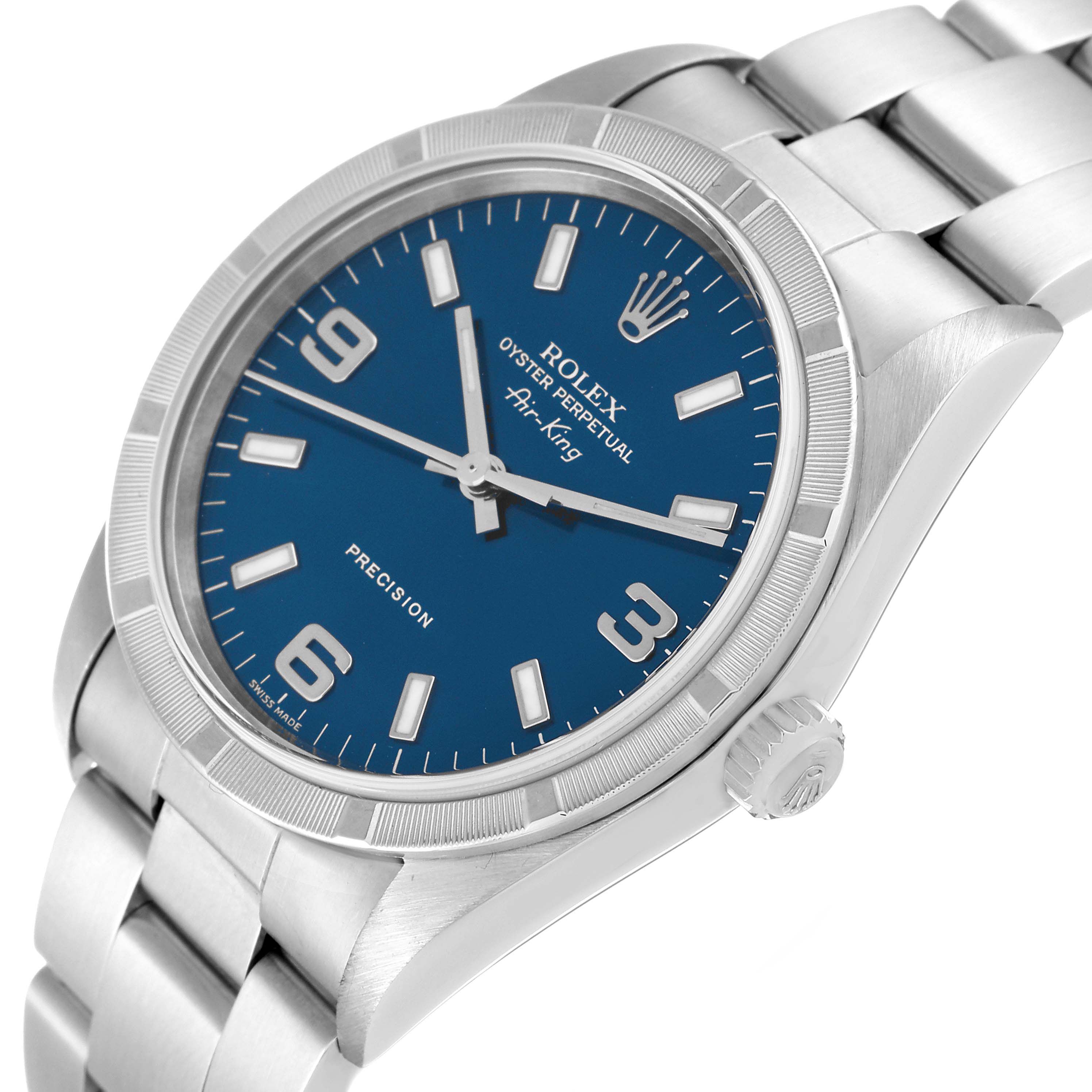 The image shows a Rolex Air-King 14010 Men's Stainless Steel Blue Dial 14010 Men's Stainless Steel Blue Dial watch from a slight side angle, displaying its blue dial, indices, case, and stainless steel bracelet.