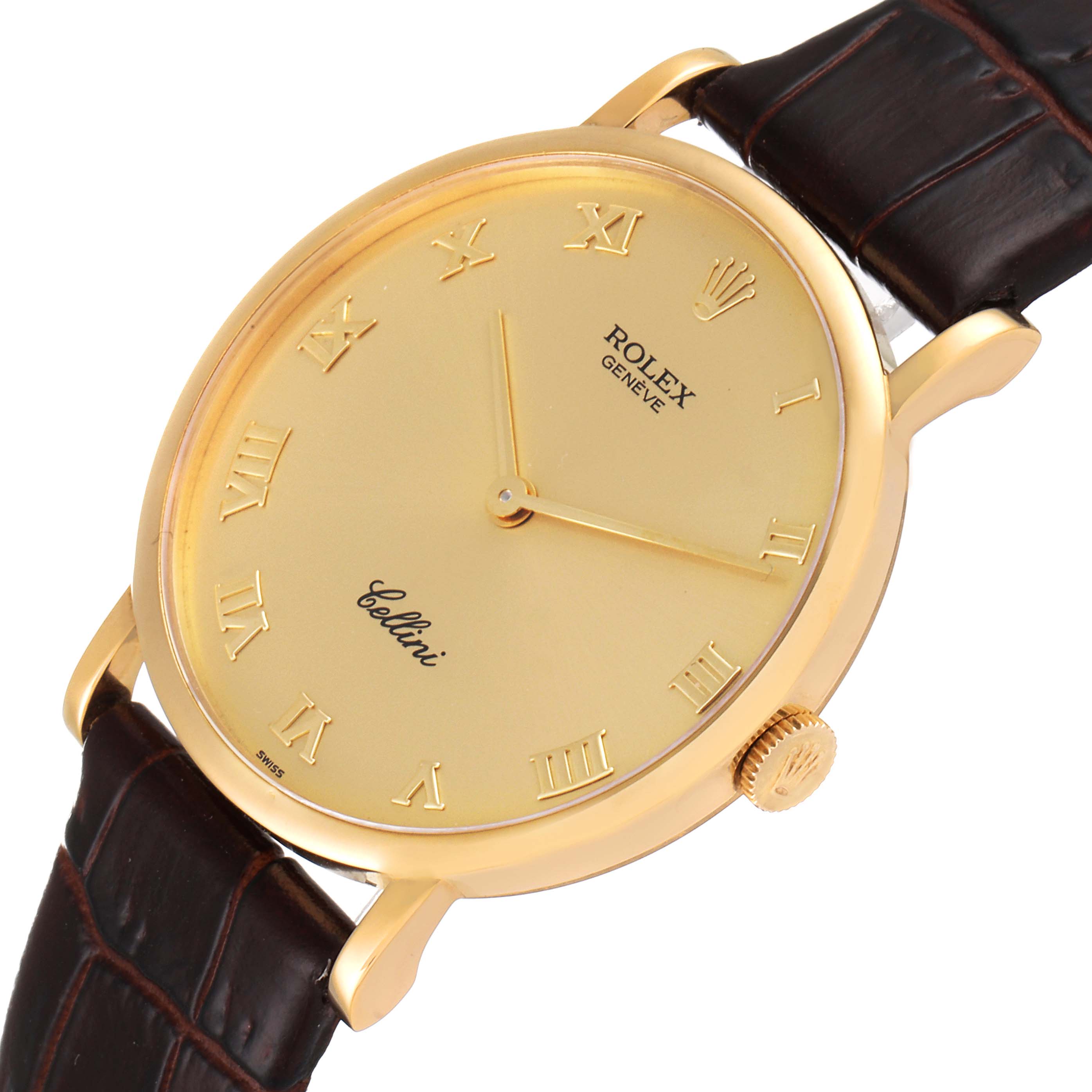 This image shows the dial, bezel, crown, and part of the strap of a Rolex Cellini 5112 Men's Yellow Gold Champagne Dial 5112 Men's Yellow Gold Champagne Dial watch, viewed at a slight angle.