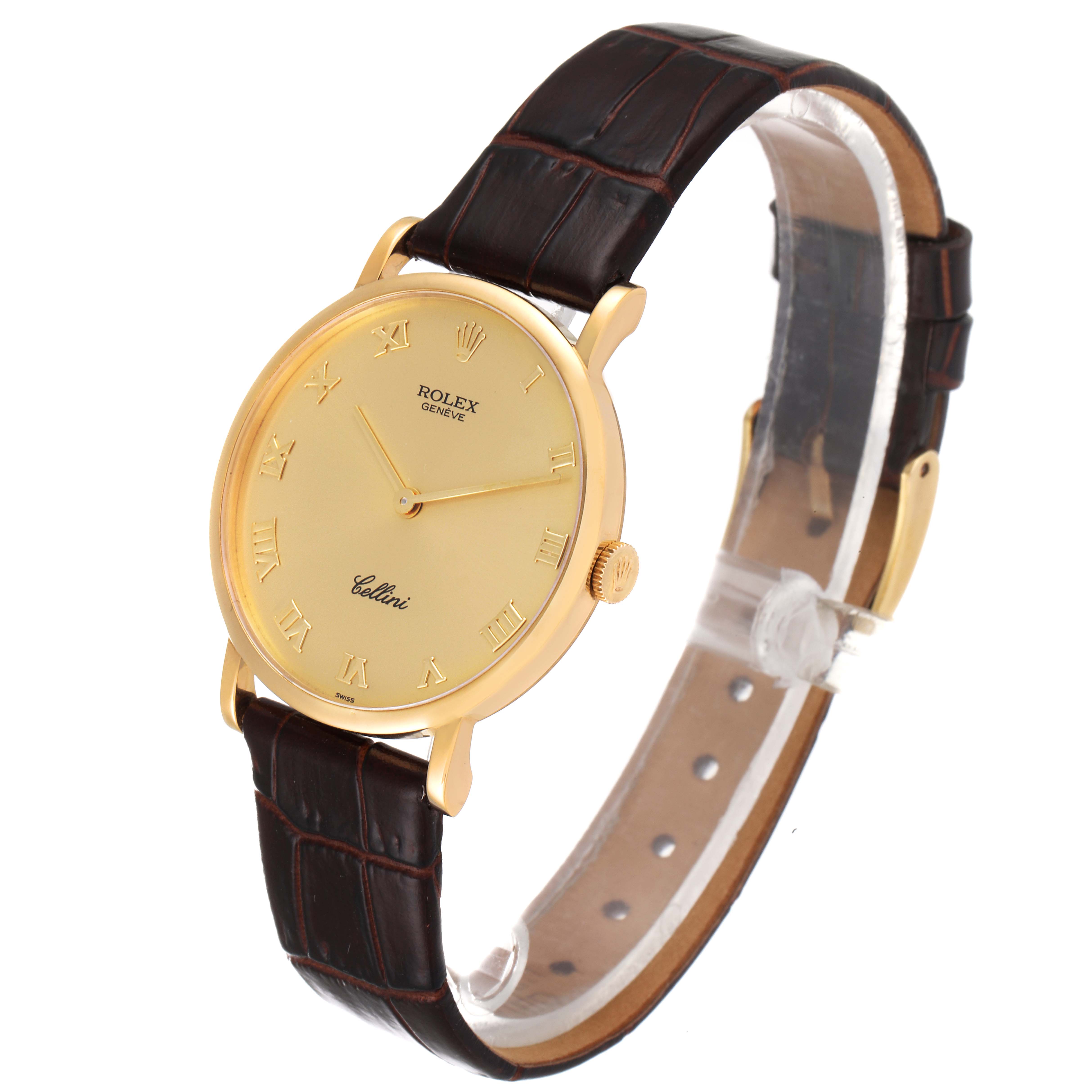 The image shows a side profile of the Rolex Cellini 5112 Men's Yellow Gold Champagne Dial 5112 Men's Yellow Gold Champagne Dial watch, highlighting its gold case, roman numeral dial, and leather strap.