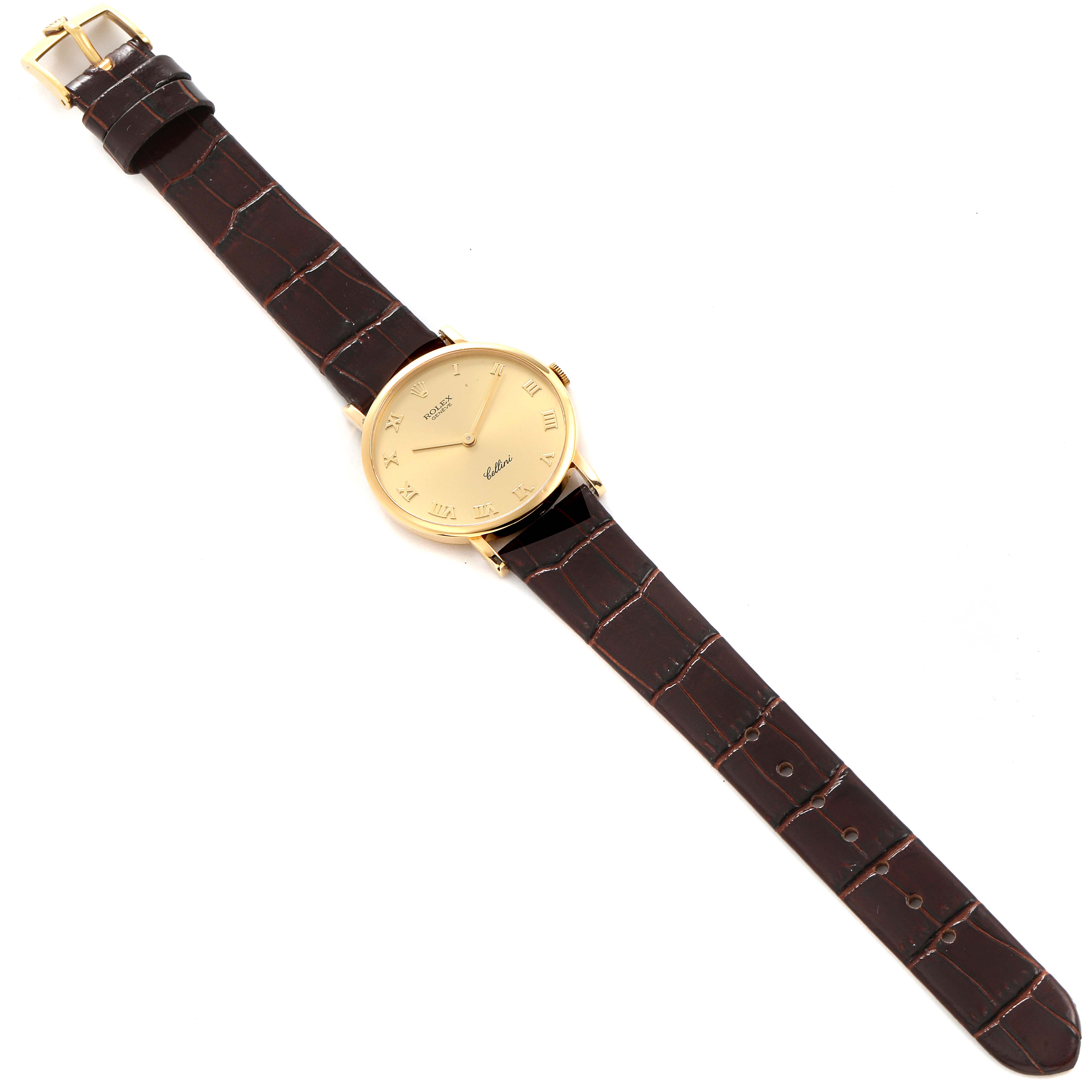 The image shows a top-down view of a Rolex Cellini 5112 Men's Yellow Gold Champagne Dial 5112 Men's Yellow Gold Champagne Dial watch displaying its gold face, brown leather strap, and buckle.