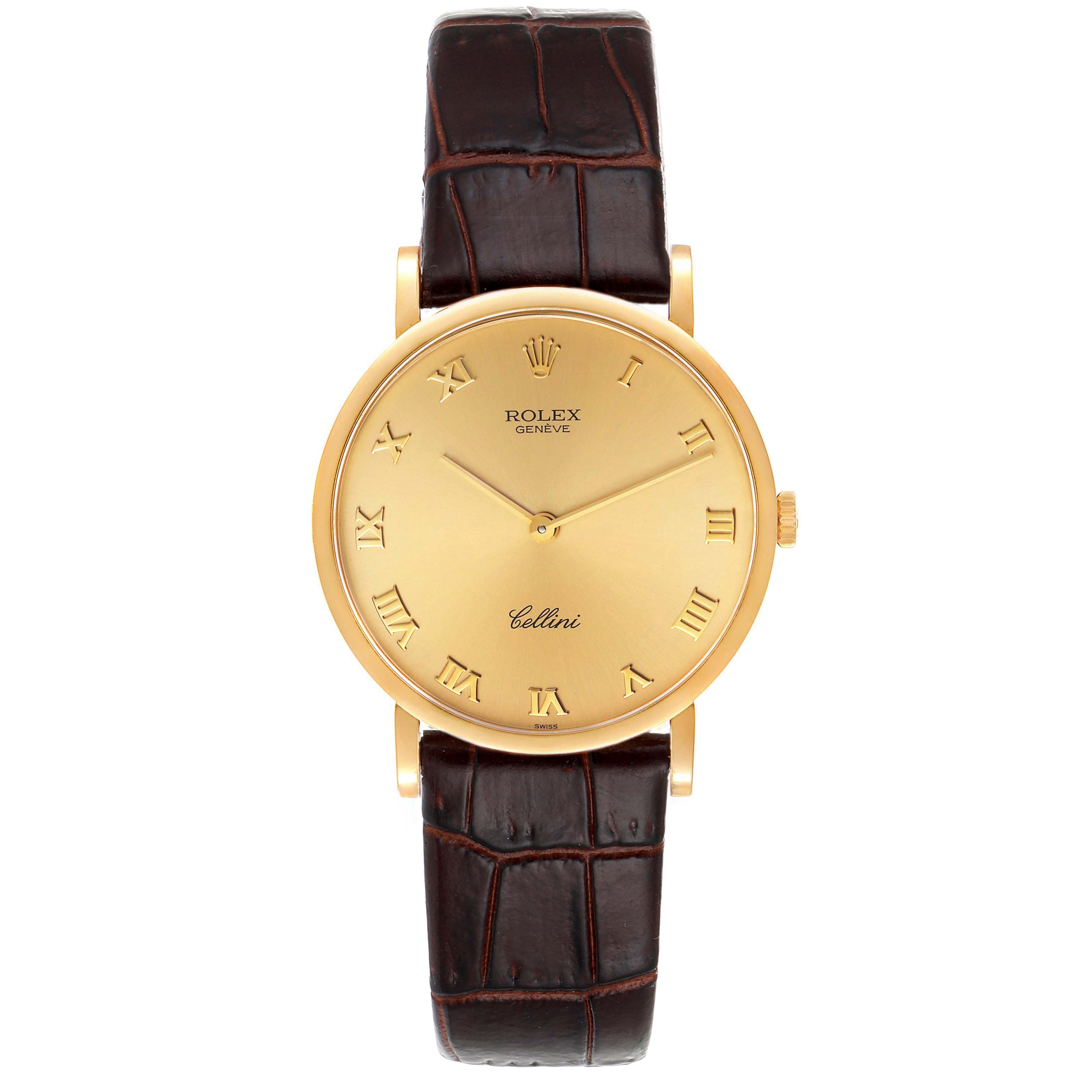 The image shows a front view of the Rolex Cellini 5112 Men's Yellow Gold Champagne Dial 5112 Men's Yellow Gold Champagne Dial watch with a gold case, Roman numeral dial, and a brown leather strap.