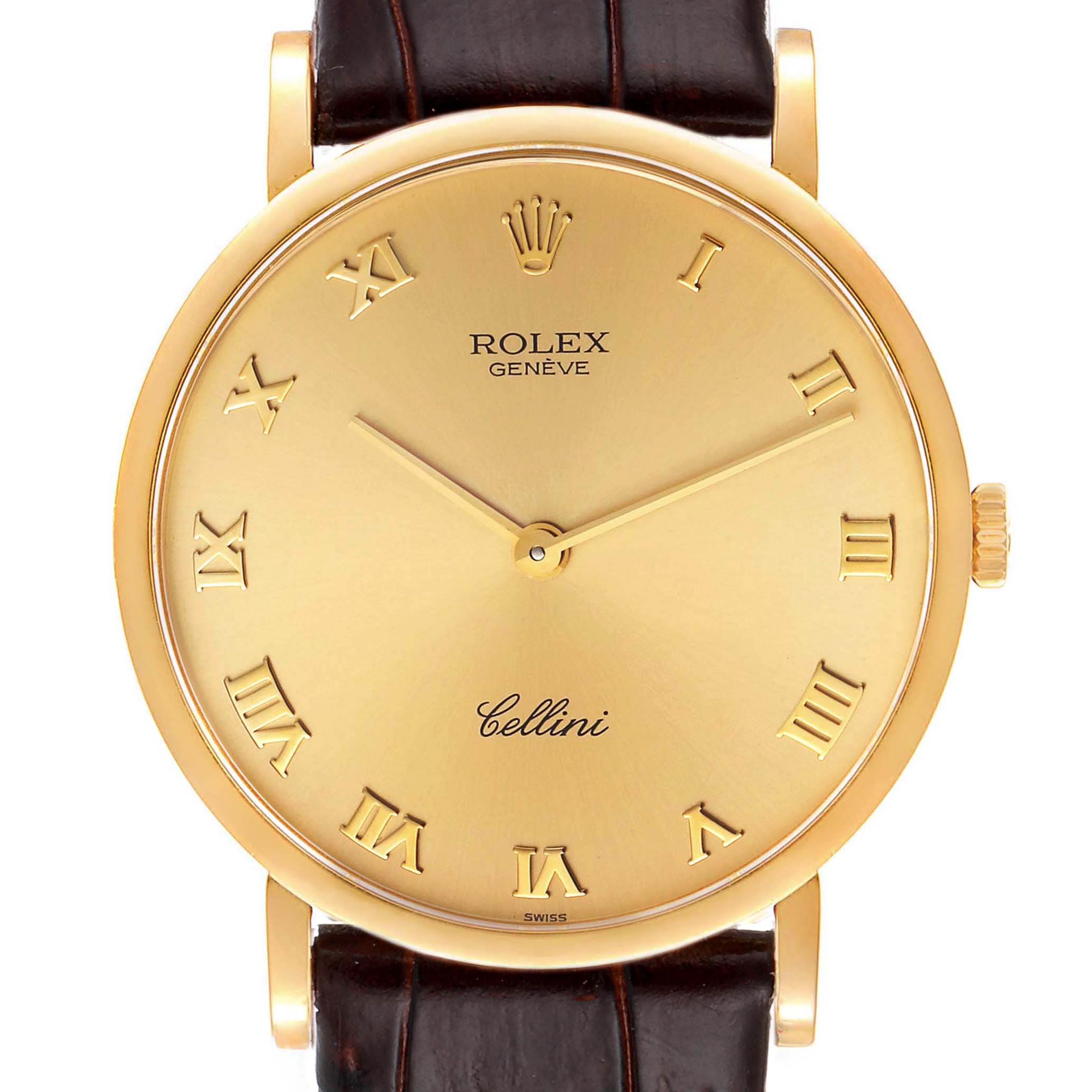 The image shows the front view of a Rolex Cellini 5112 Men's Yellow Gold Champagne Dial 5112 Men's Yellow Gold Champagne Dial watch, showcasing the dial, Roman numerals, hands, and crown.