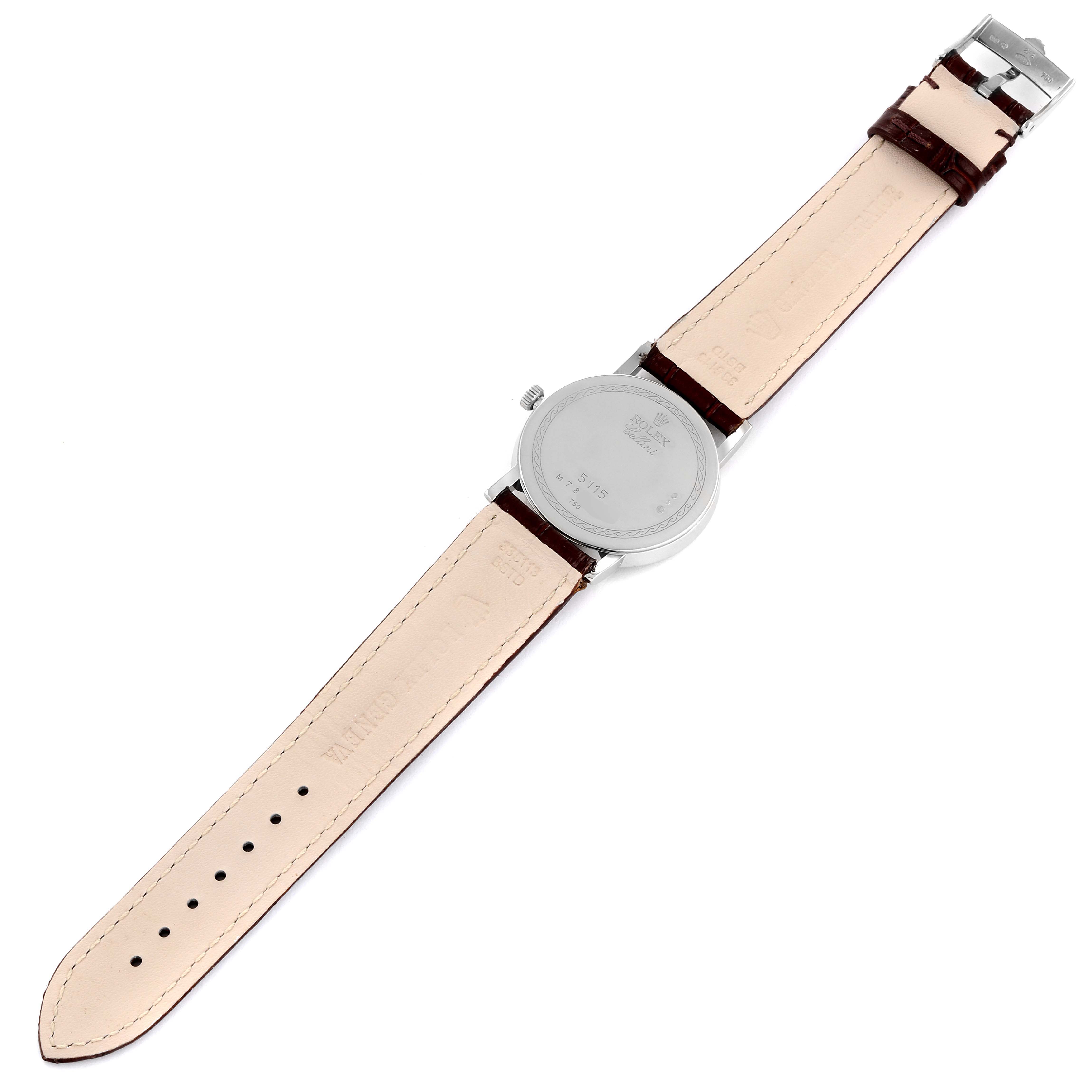 The image shows the back and straps of a Rolex Cellini 5115 Men's White Gold Mother of Pearl Dial 5115 Men's White Gold Mother of Pearl Dial watch, laid flat with the clasp and crown visible.