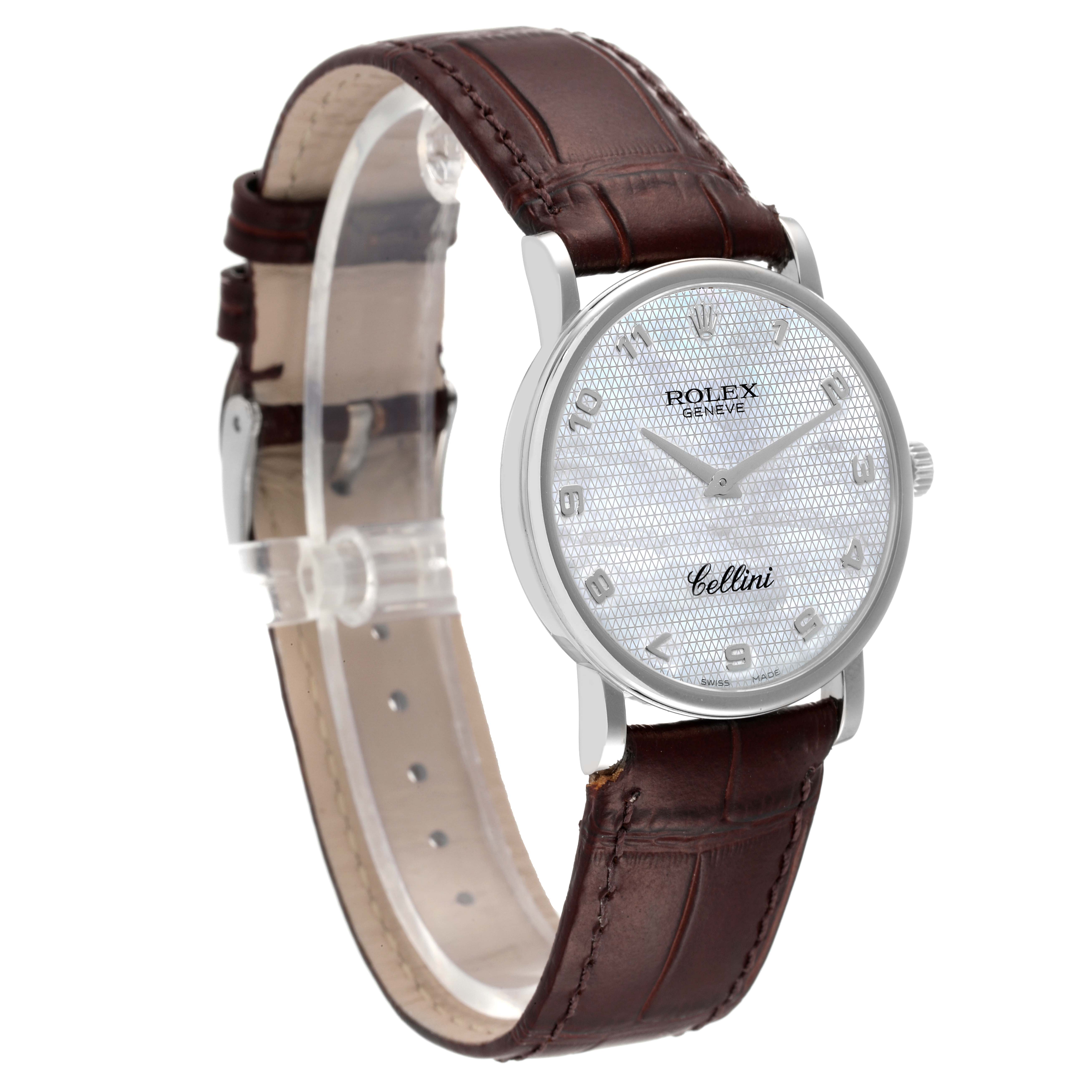 The Rolex Cellini 5115 Men's White Gold Mother of Pearl Dial 5115 Men's White Gold Mother of Pearl Dial watch is shown at a slight angle, highlighting the dial, case, and leather strap.
