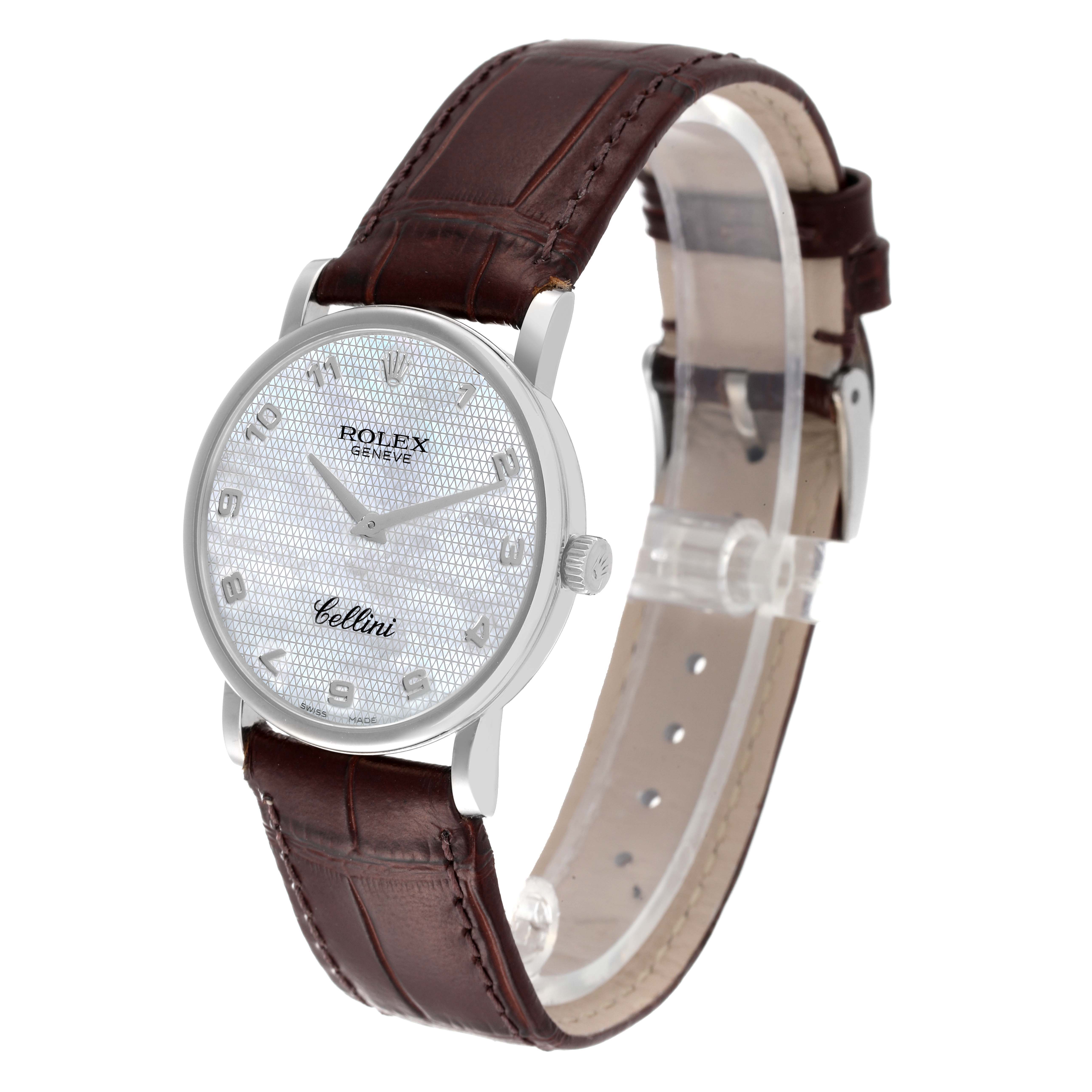 The image shows a Rolex Cellini 5115 Men's White Gold Mother of Pearl Dial 5115 Men's White Gold Mother of Pearl Dial watch at a three-quarter angle, highlighting the dial, bezel, and leather strap.
